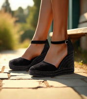 Alpargatas con cuña para mujer SKYDIVA VIBES en color negro, vista completa modelo