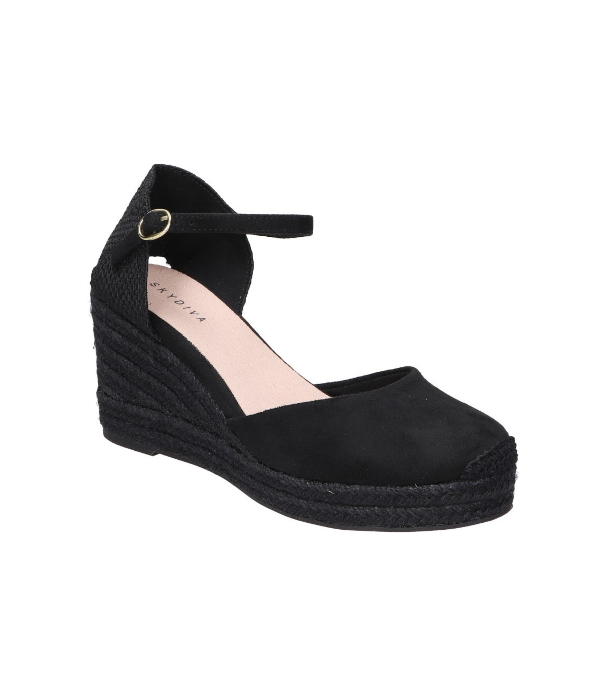 Alpargatas con cuña para mujer SKYDIVA VIBES en color negro, vista diagonal frontal