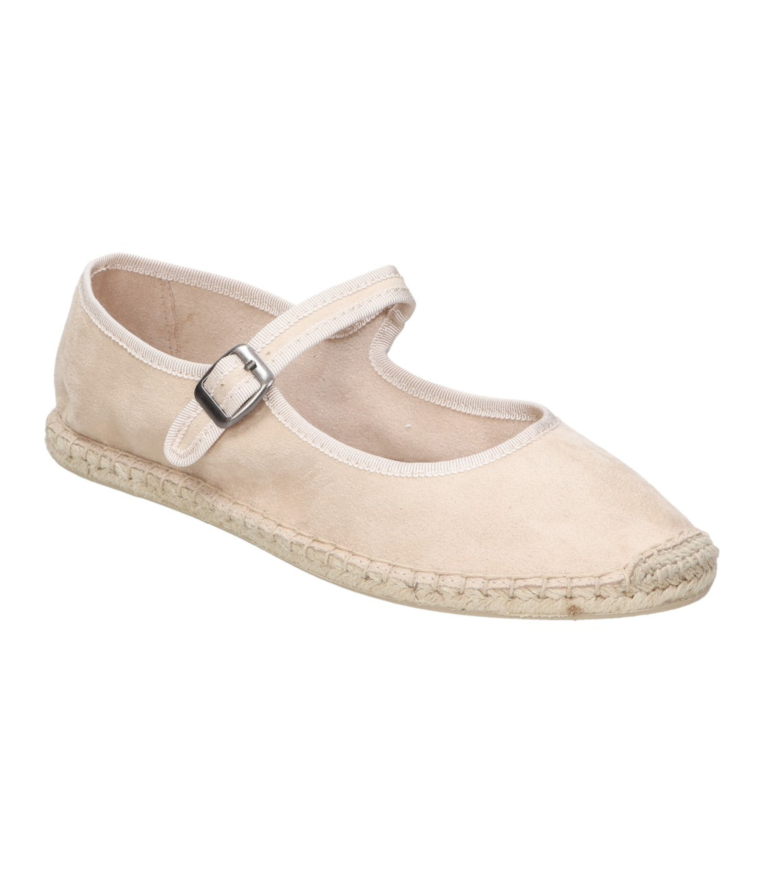 Merceditas planas para mujer SKYDIVA LA-QUE-SO en color beige, vista diagonal frontal