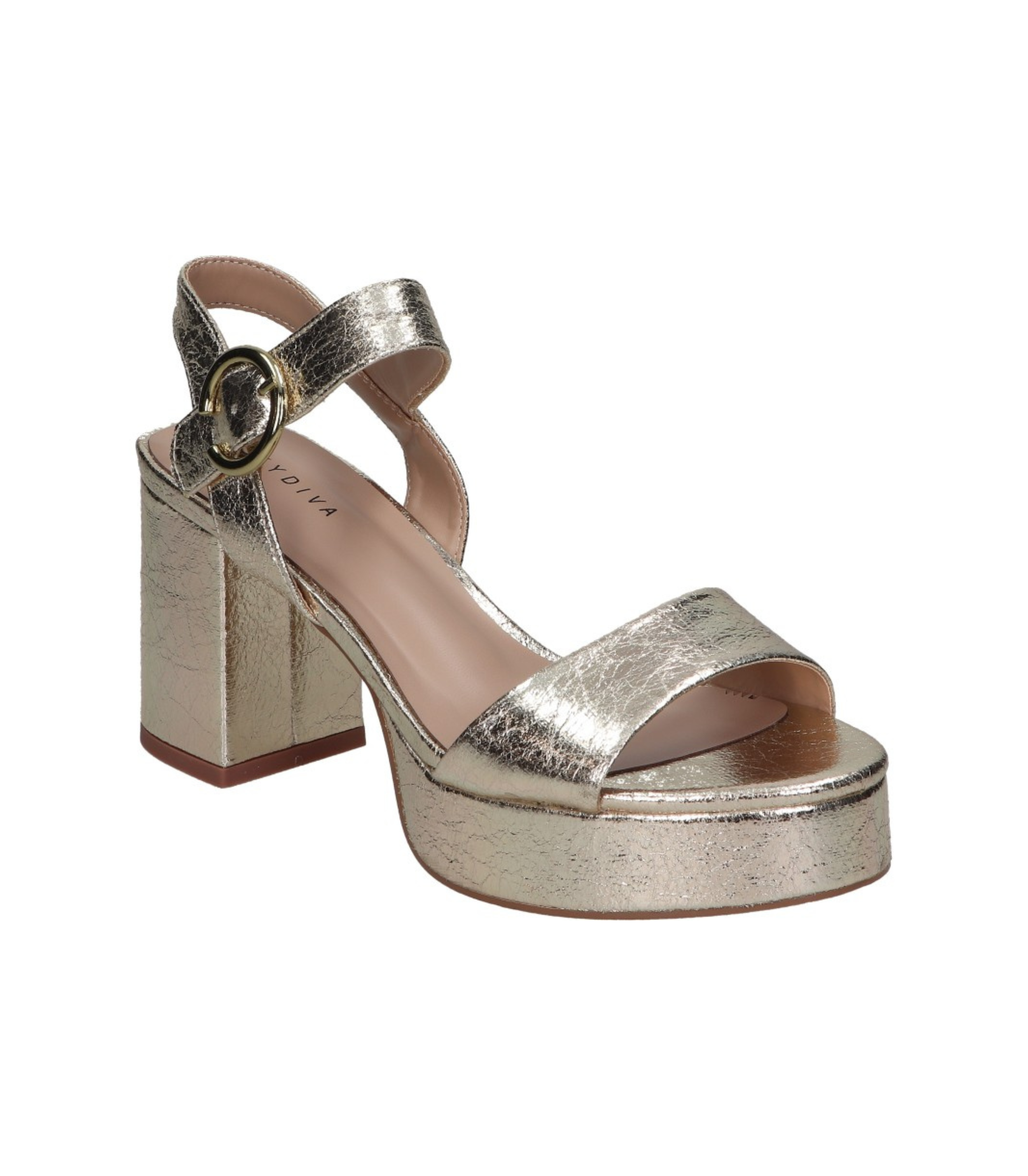 Sandalias de tacón para mujer SKYDIVA CRUSH en color dorado, vista diagonal frontal