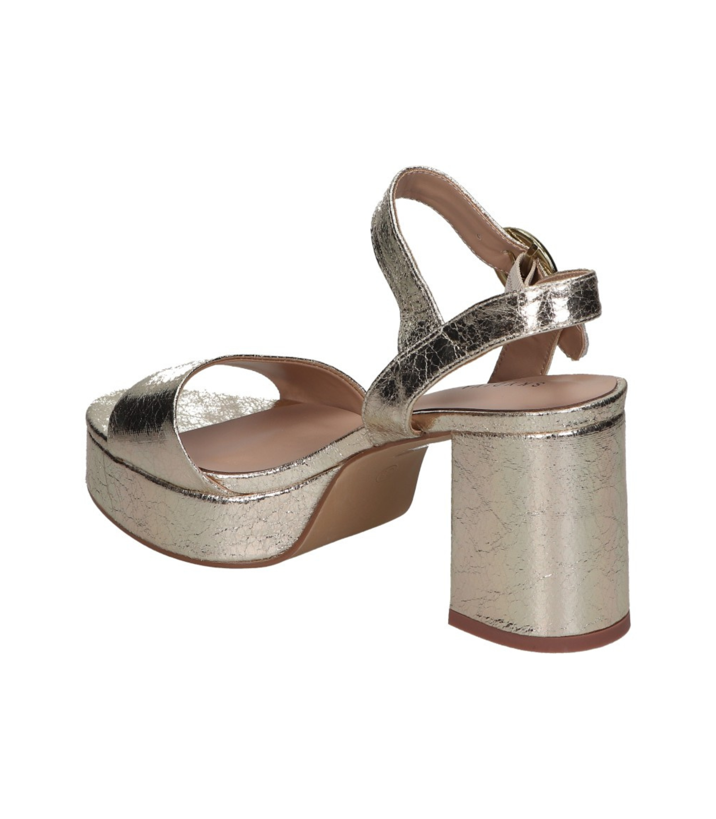 Sandalias de tacón para mujer SKYDIVA CRUSH en color dorado, vista diagonal talón