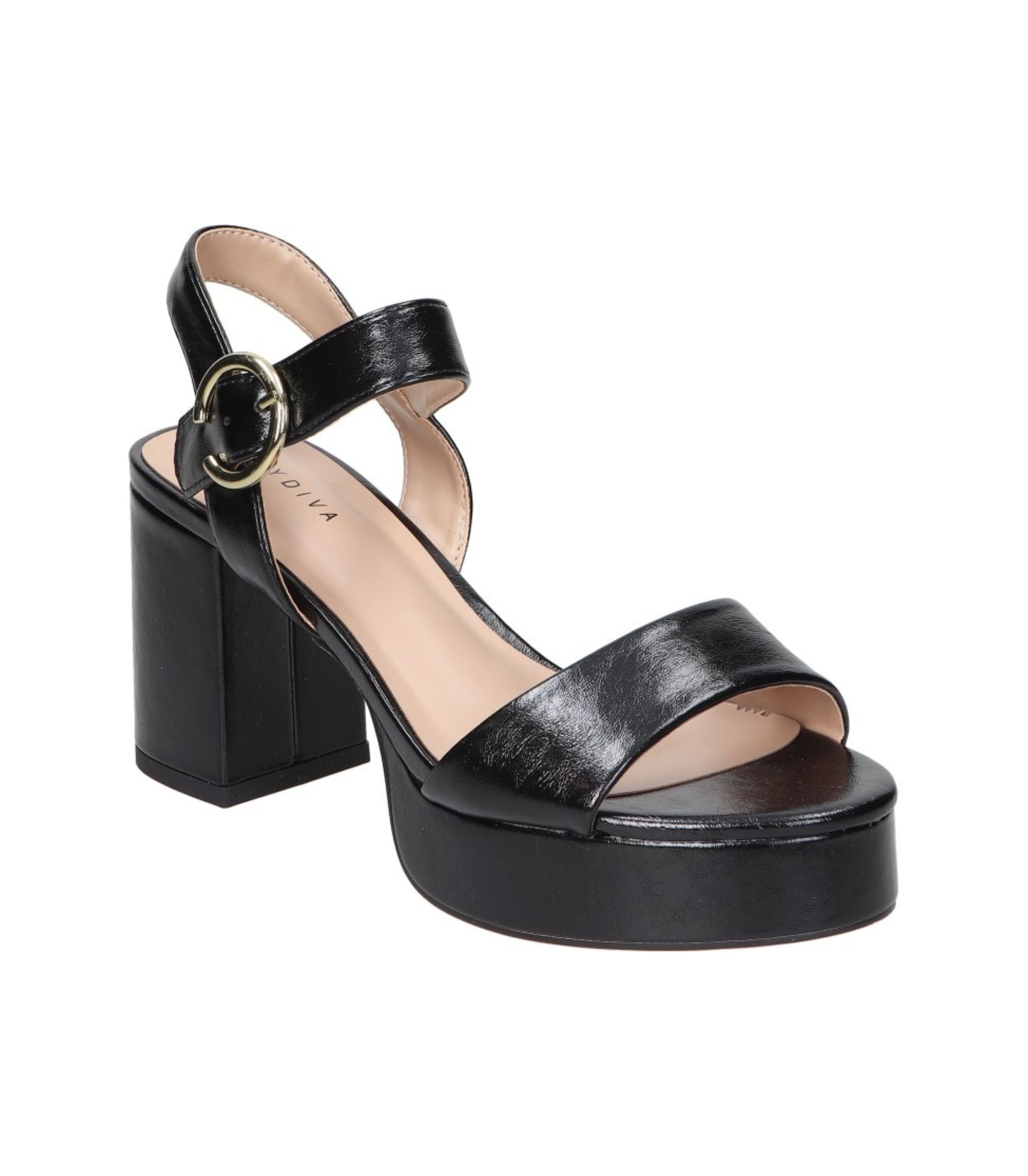 Sandalias de tacón para mujer SKYDIVA CRUSH en color negro, vista diagonal frontal