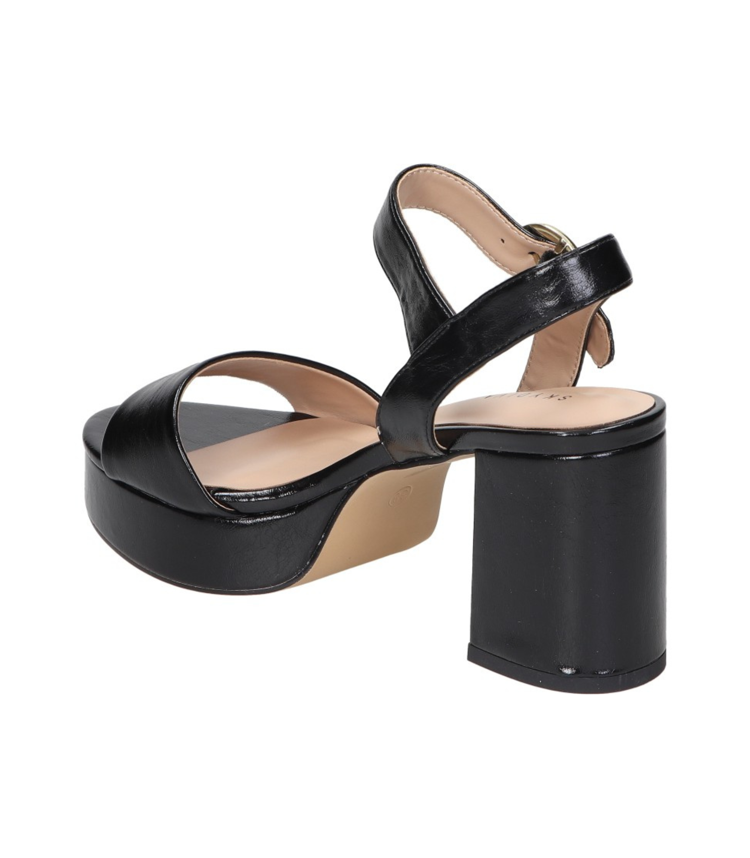 Sandalias de tacón para mujer SKYDIVA CRUSH en color negro, vista diagonal talón