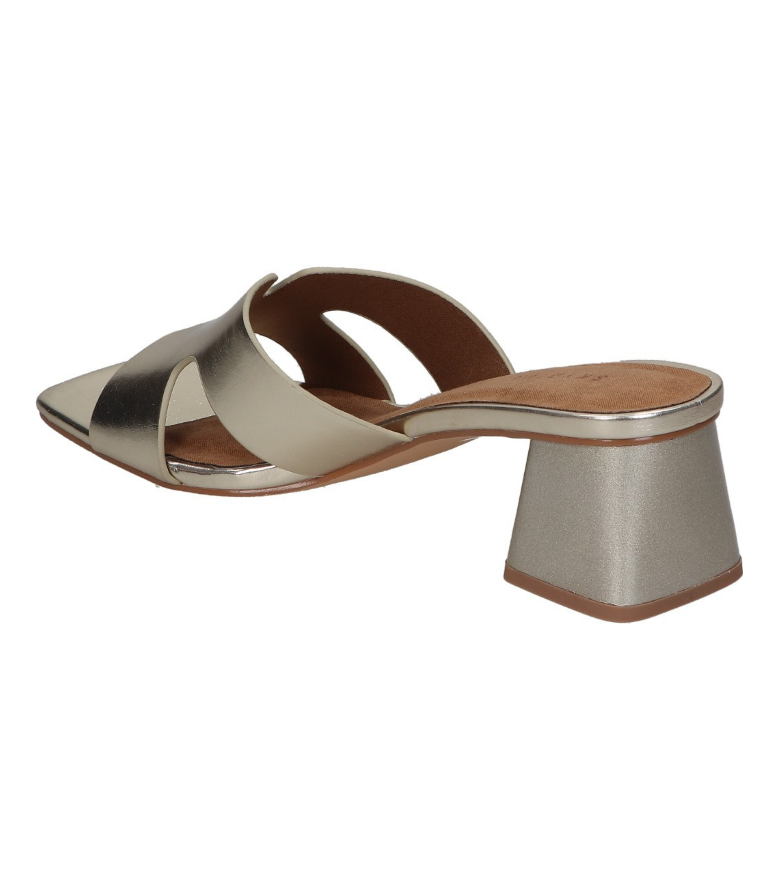 Sandalias de tacón para mujer SKYDIVA MOOD en color plata, vista diagonal talón