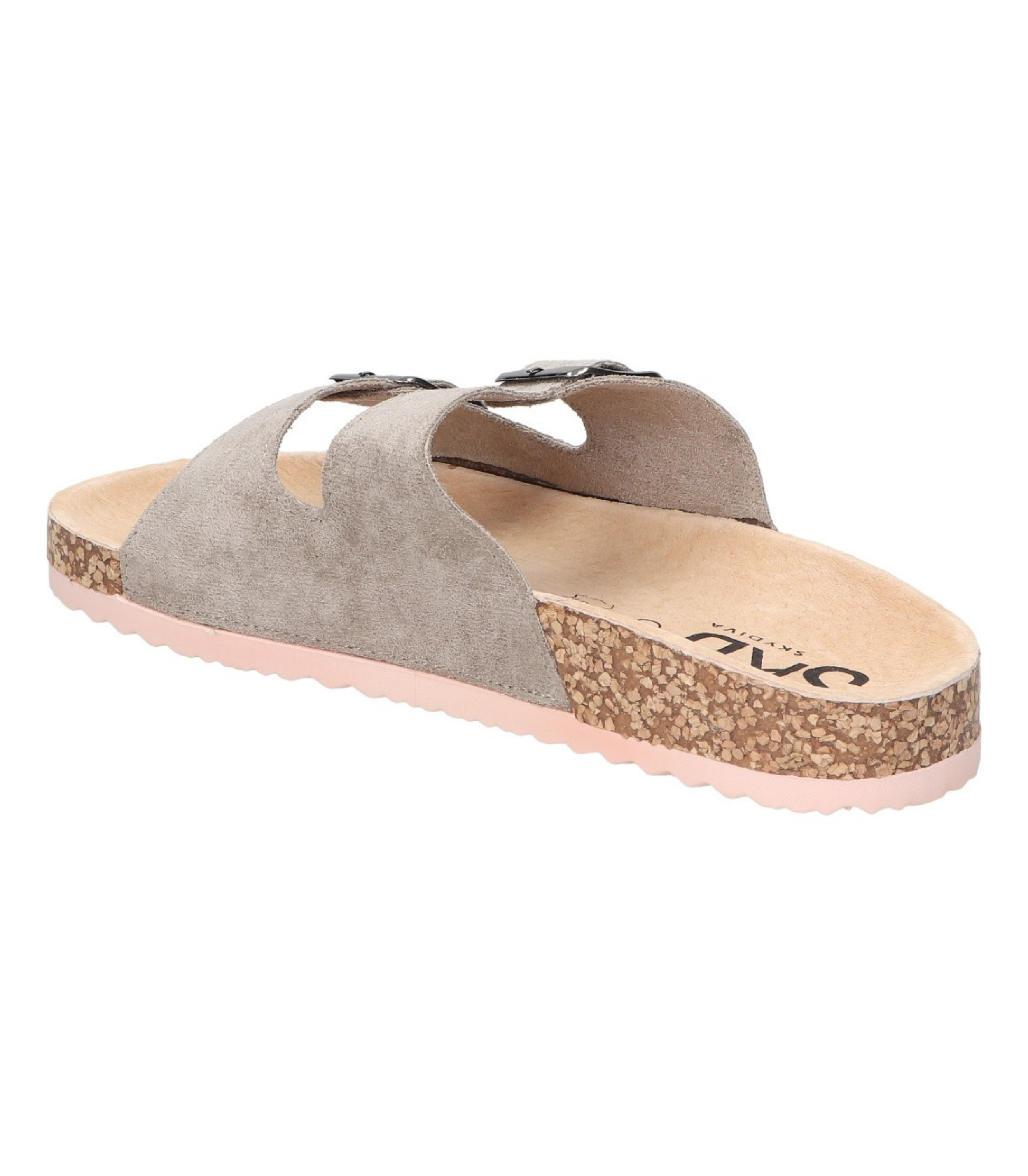 Sandalias planas destalonadas para mujer SKYDIVA RT en color gris, vista diagonal talón