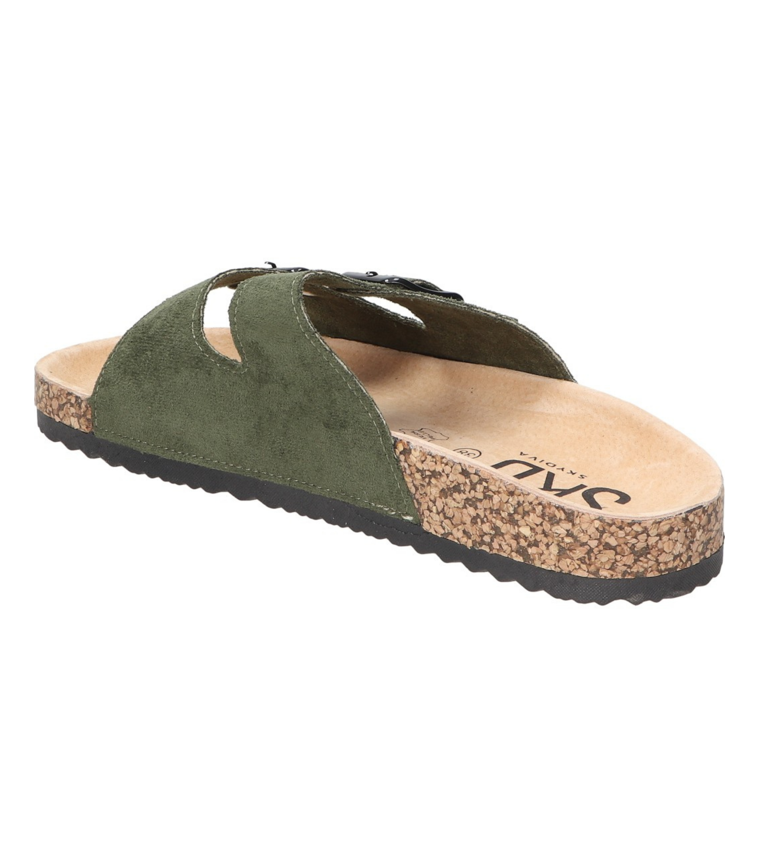 Sandalias planas destalonadas para mujer SKYDIVA RT en color verde khaki, vista diagonal talón