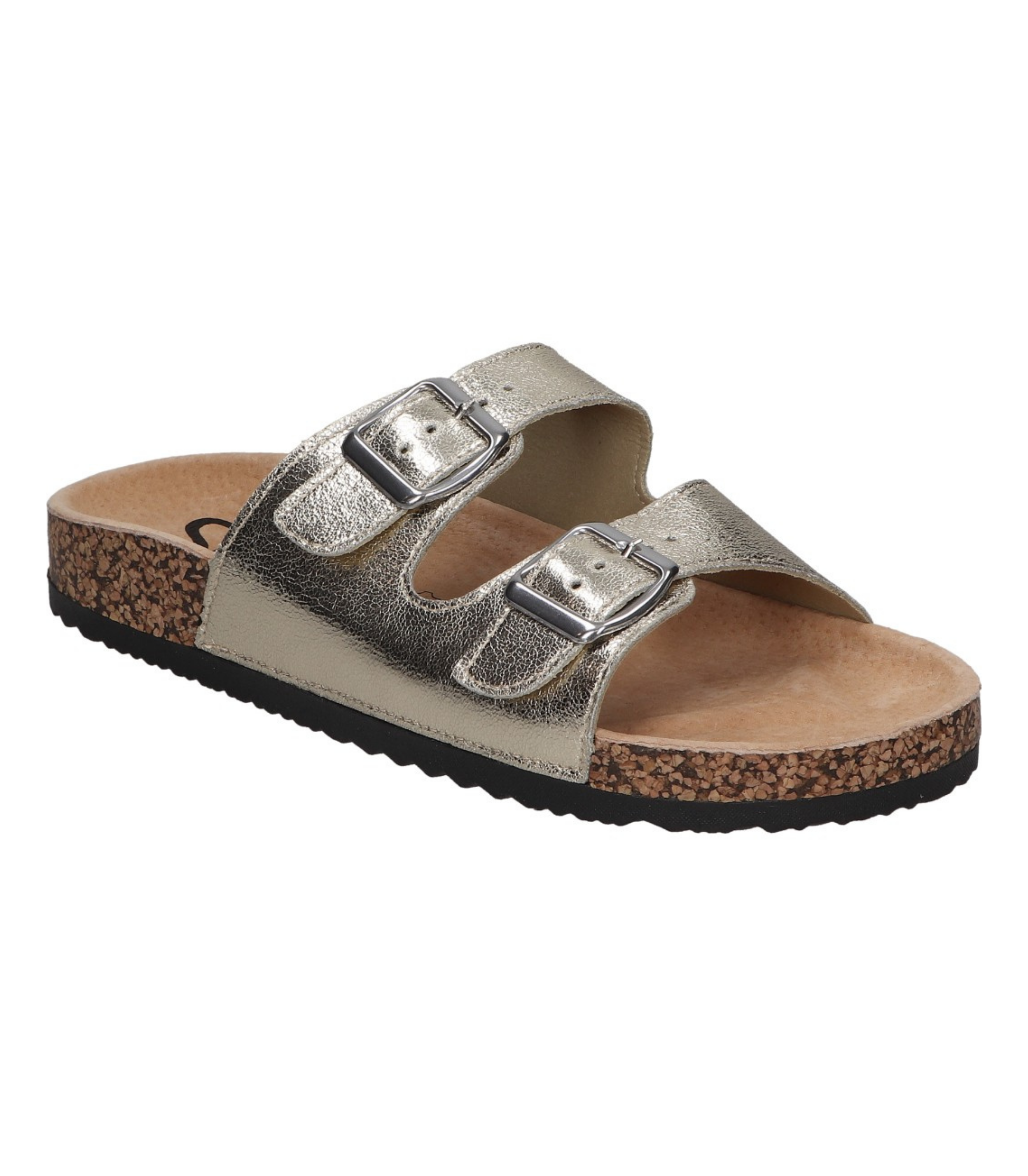 Sandalias planas destalonadas para mujer SKYDIVA RT en color plata, vista diagonal frontal
