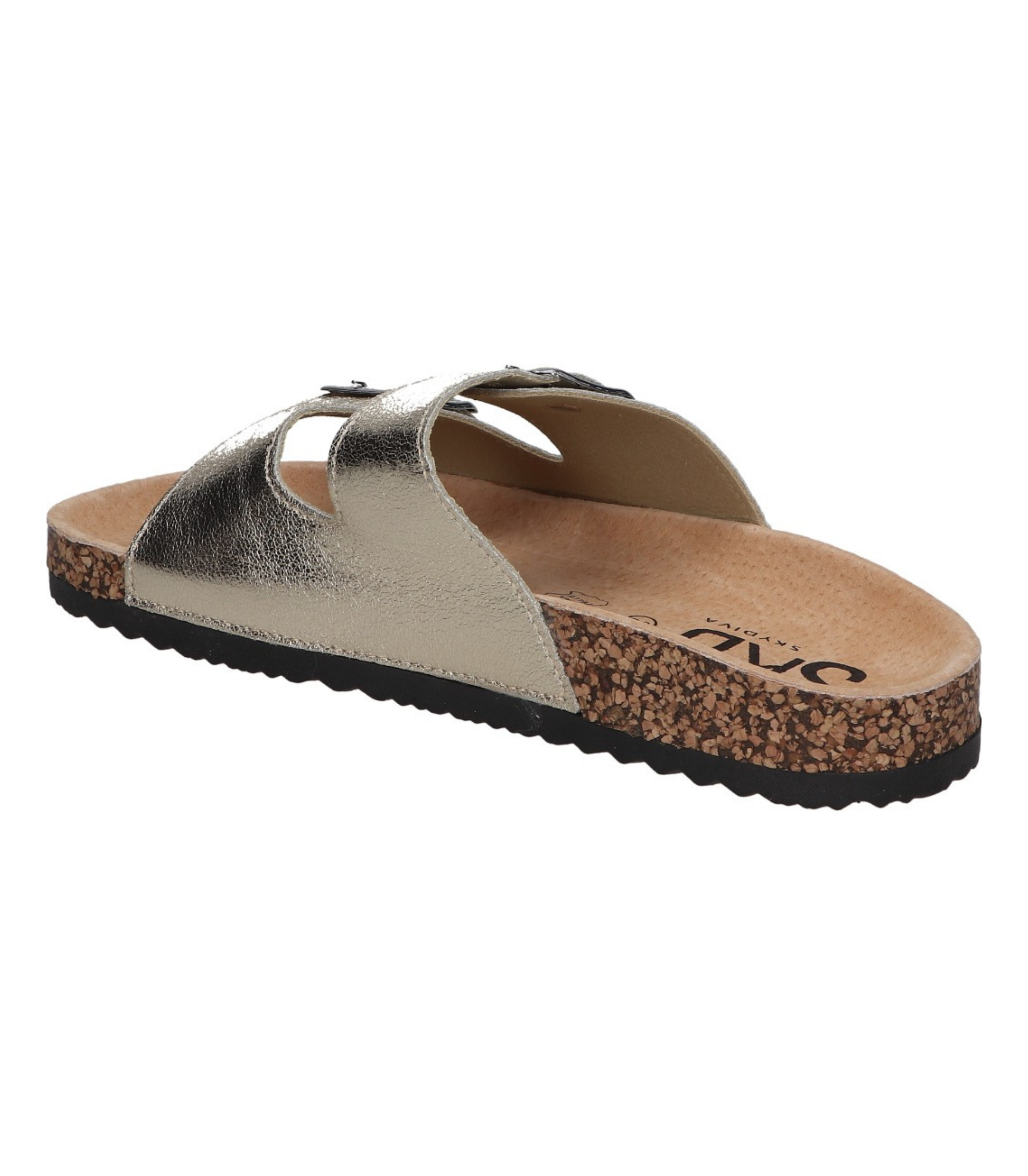 Sandalias planas destalonadas para mujer SKYDIVA RT en color plata, vista diagonal talón