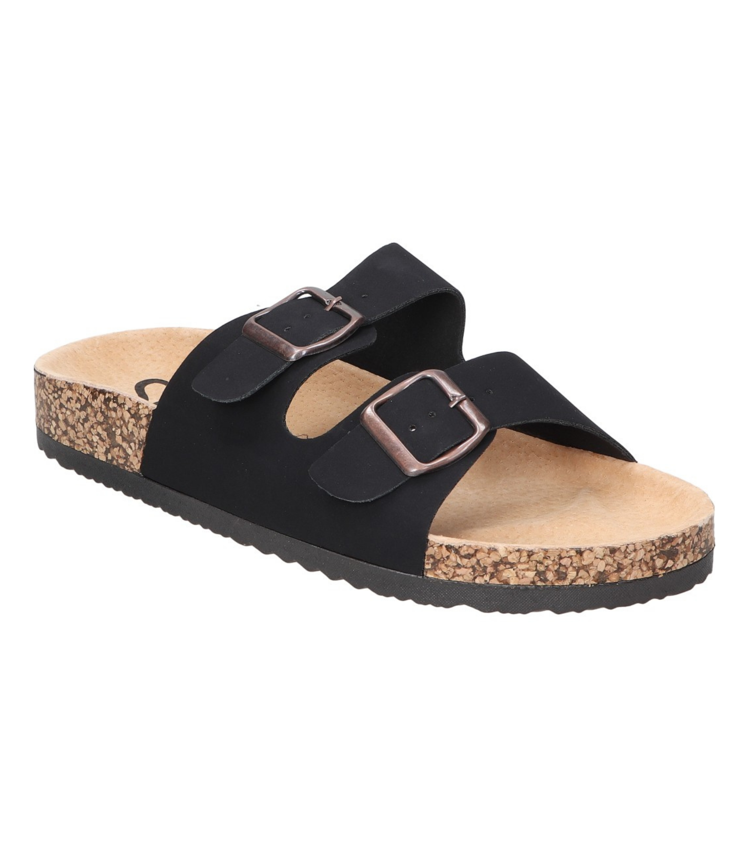 Sandalias planas destalonadas para mujer SKYDIVA RT+ en color negro, vista diagonal frontal