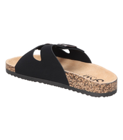 Sandalias planas destalonadas para mujer SKYDIVA RT+ en color negro, vista diagonal talón