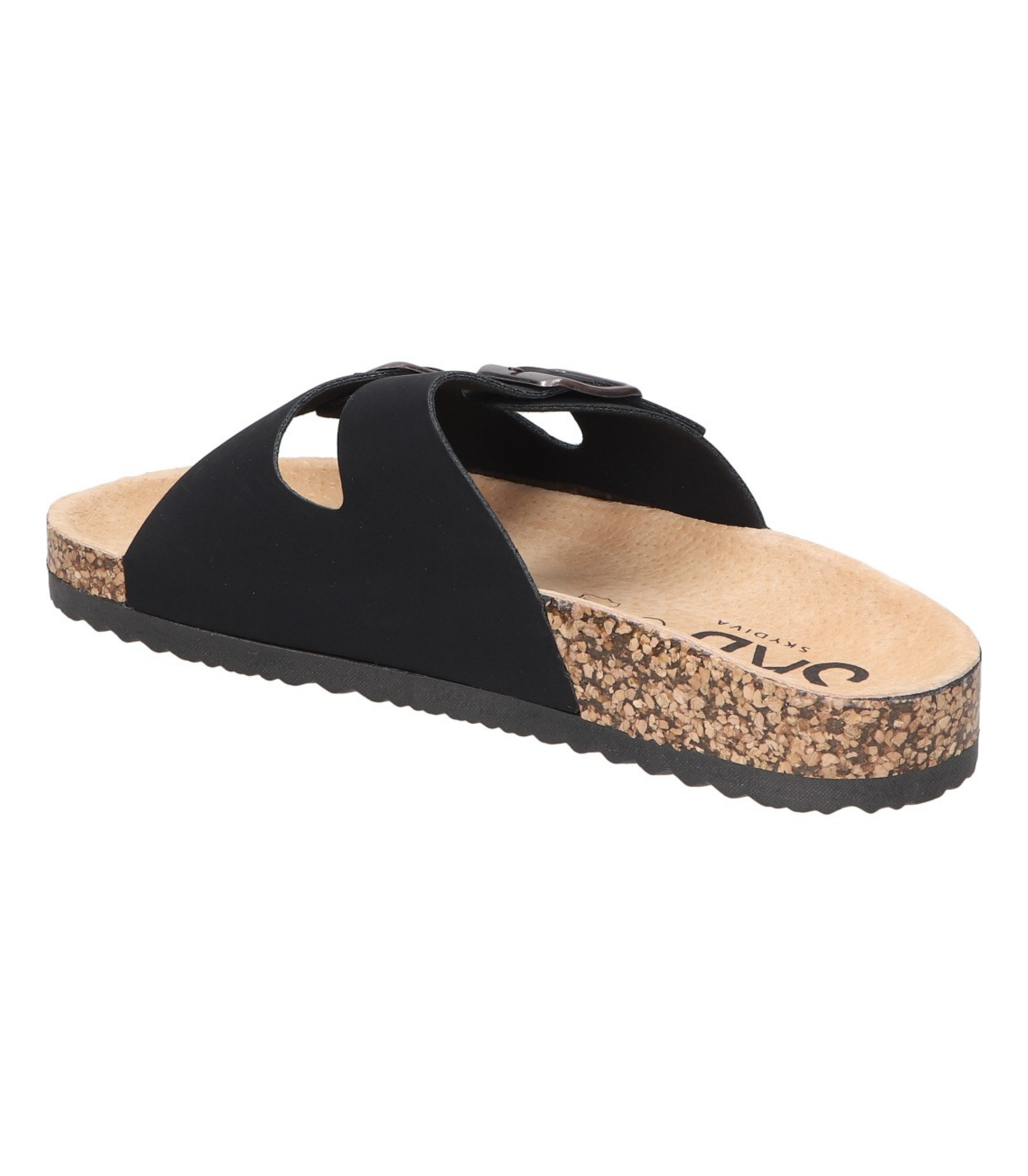 Sandalias planas destalonadas para mujer SKYDIVA RT+ en color negro, vista diagonal talón