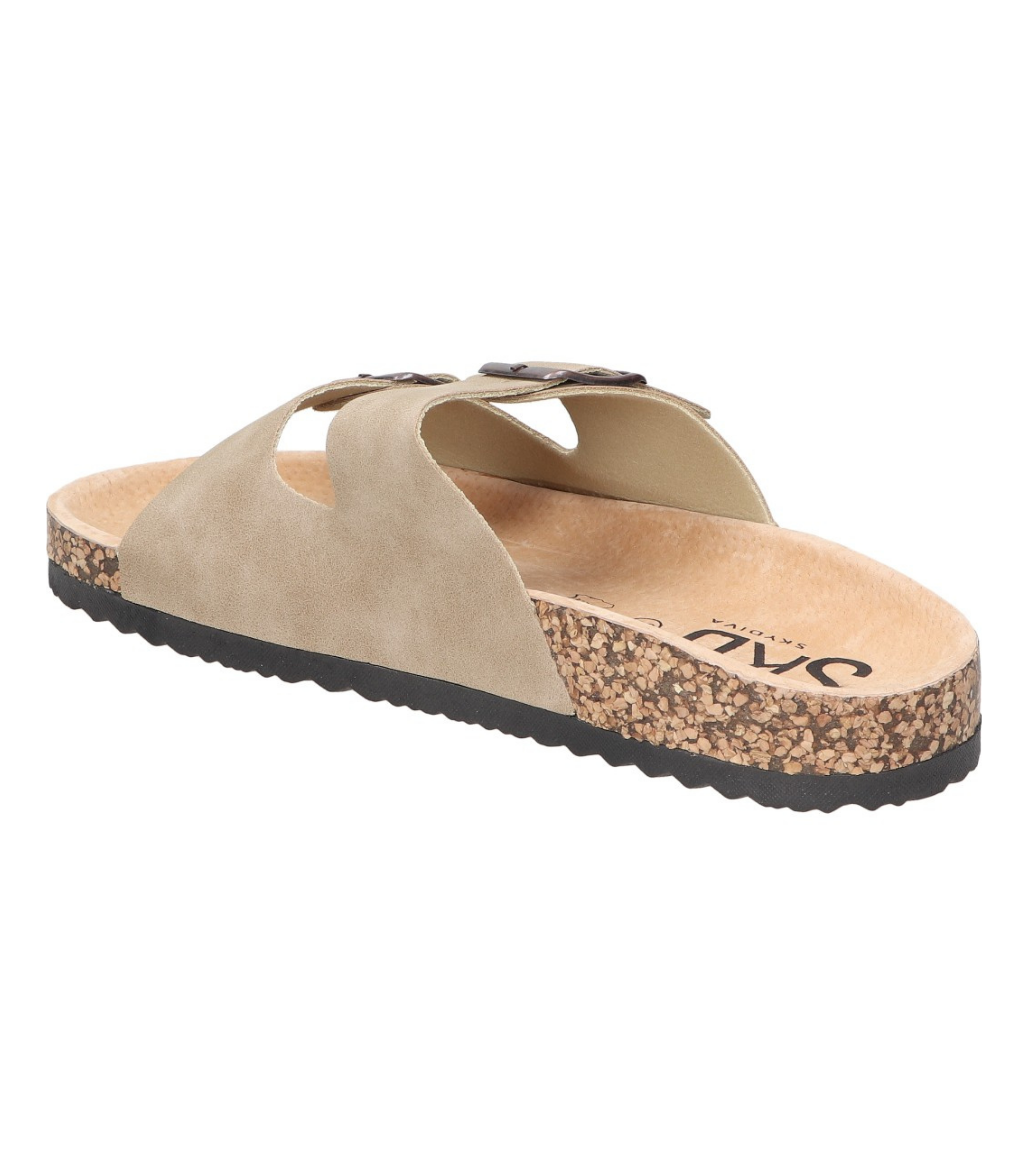 Sandalias planas destalonadas para mujer SKYDIVA RT+ en color beige, vista diagonal talón