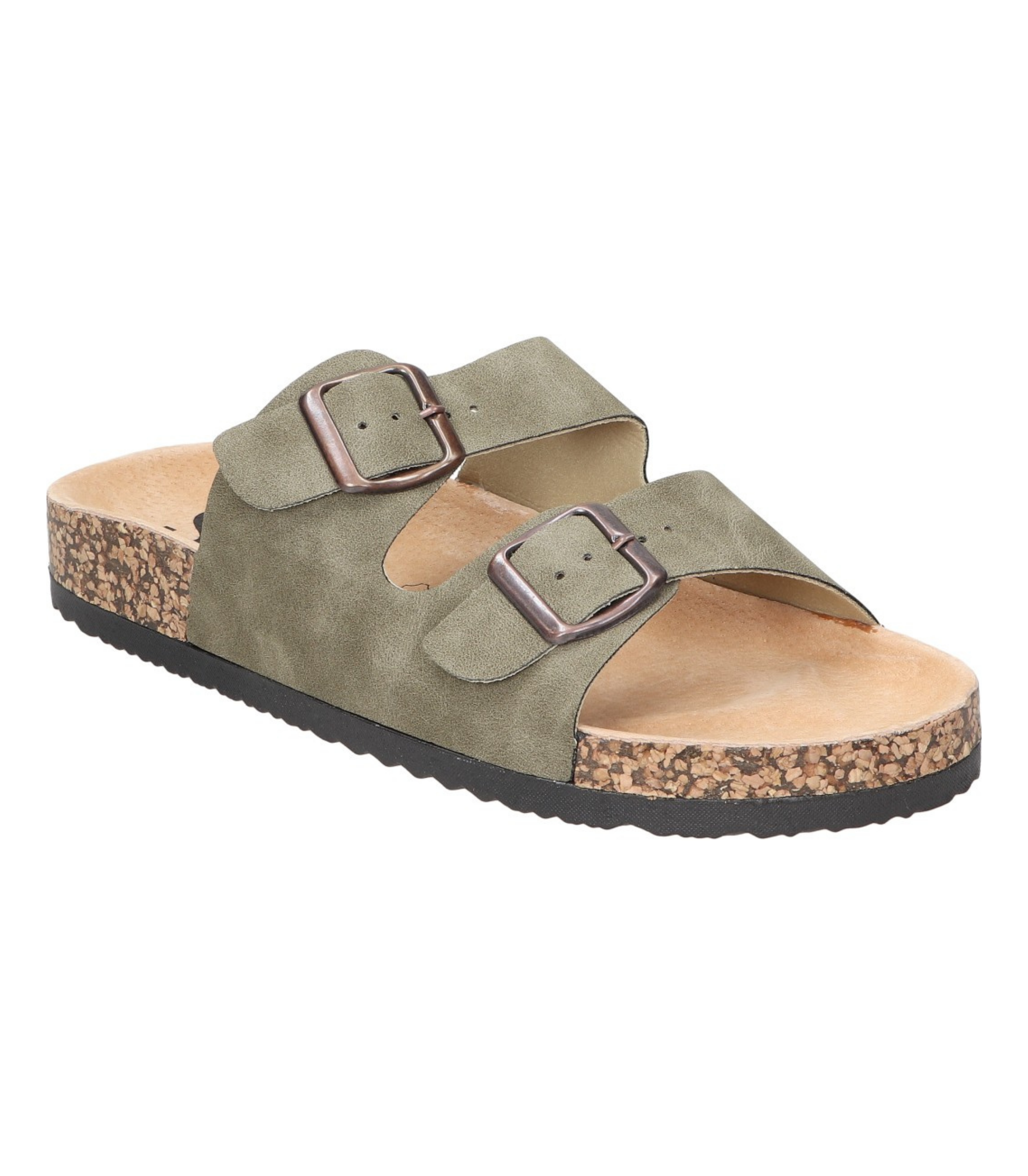 Sandalias planas destalonadas para mujer SKYDIVA RT+ en color verde khaki, vista diagonal frontal