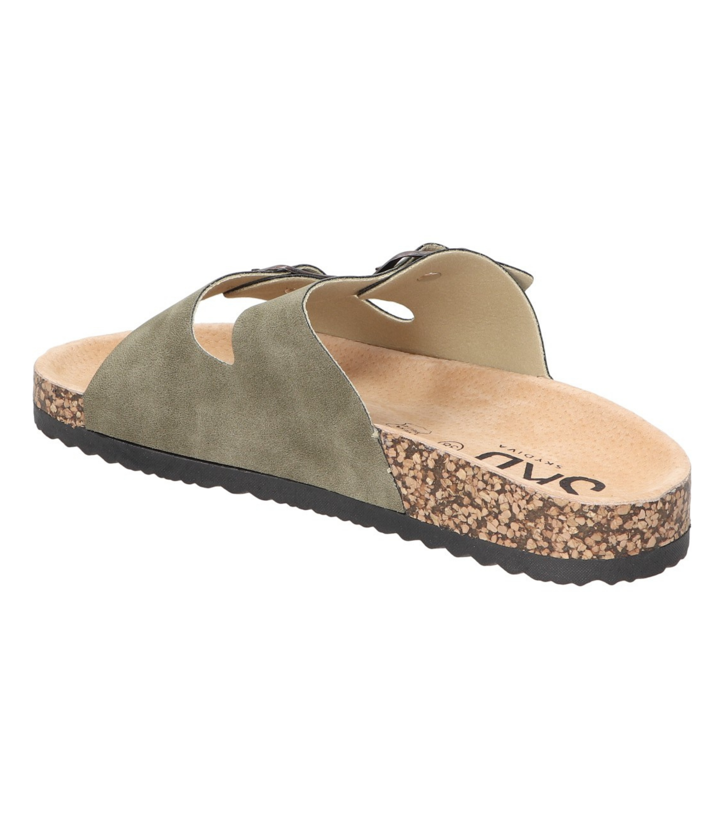 Sandalias planas destalonadas para mujer SKYDIVA RT+ en color verde khaki, vista diagonal talón