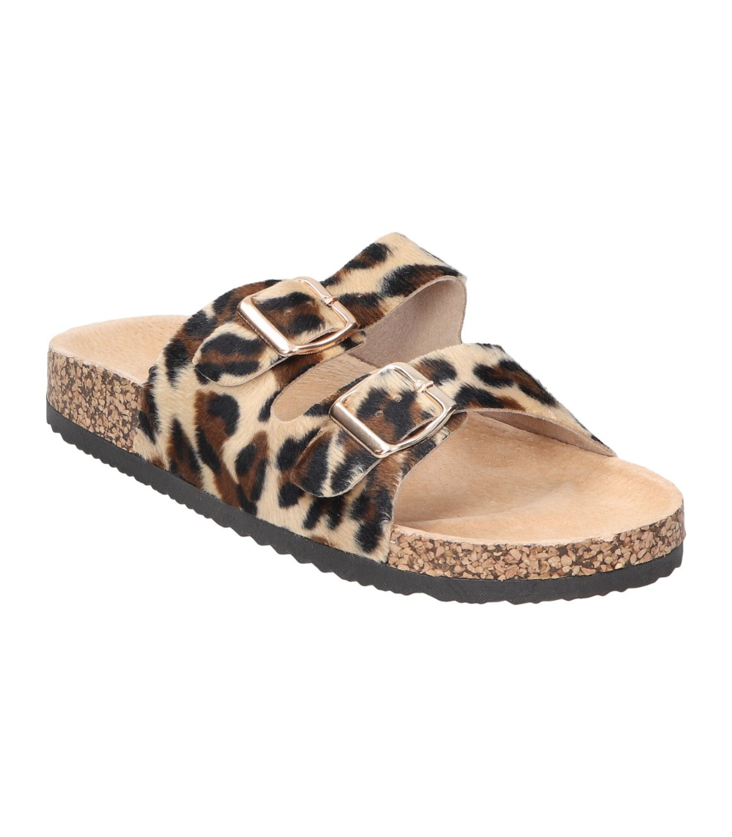 Sandalias planas destalonadas para mujer SKYDIVA RT+ con estampado de leopardo, vista diagonal frontal