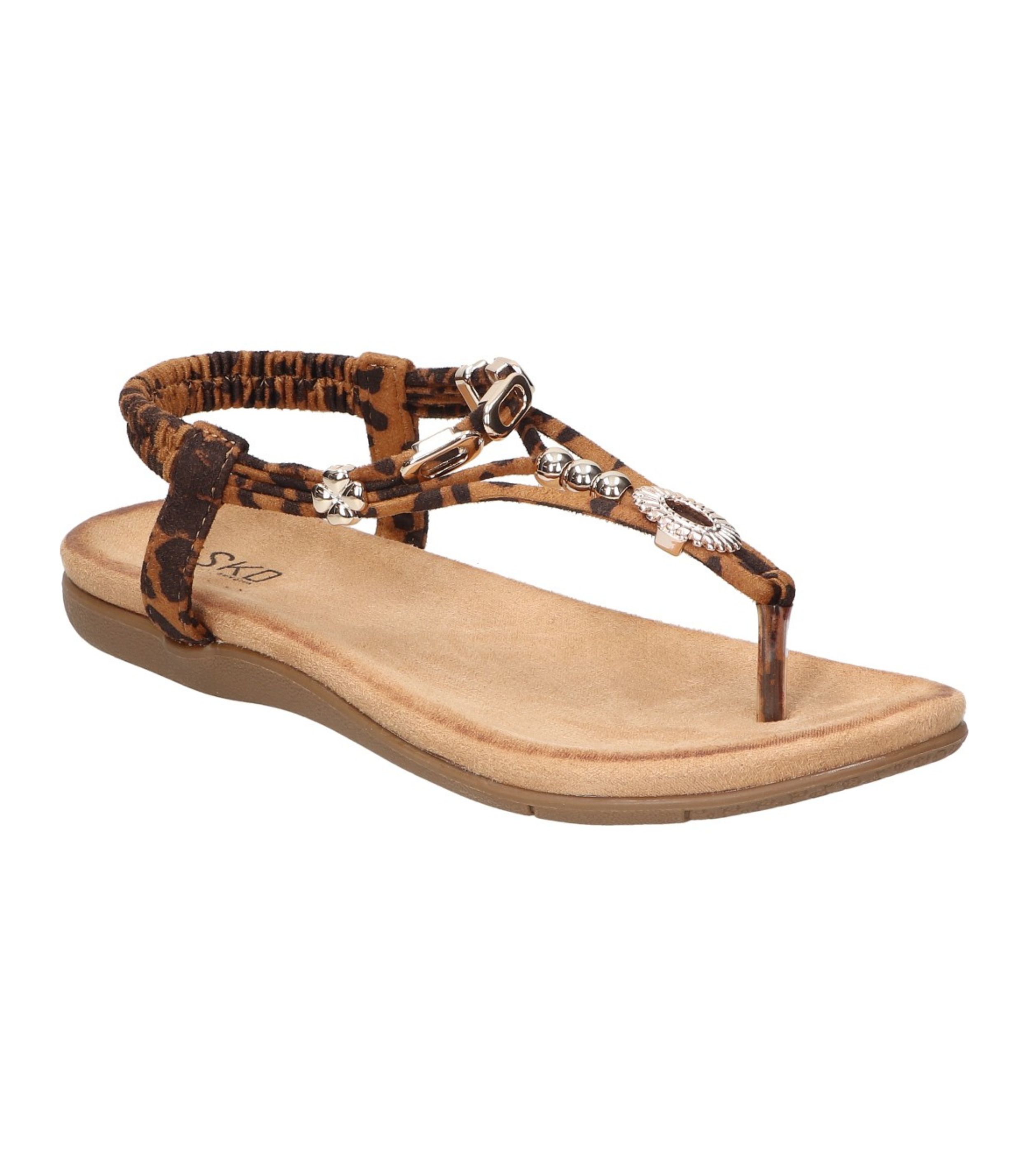 Sandalias de dedo planas para mujer SKYDIVA KELOKÉ con estampado de leopardo, vista diagonal frontal
