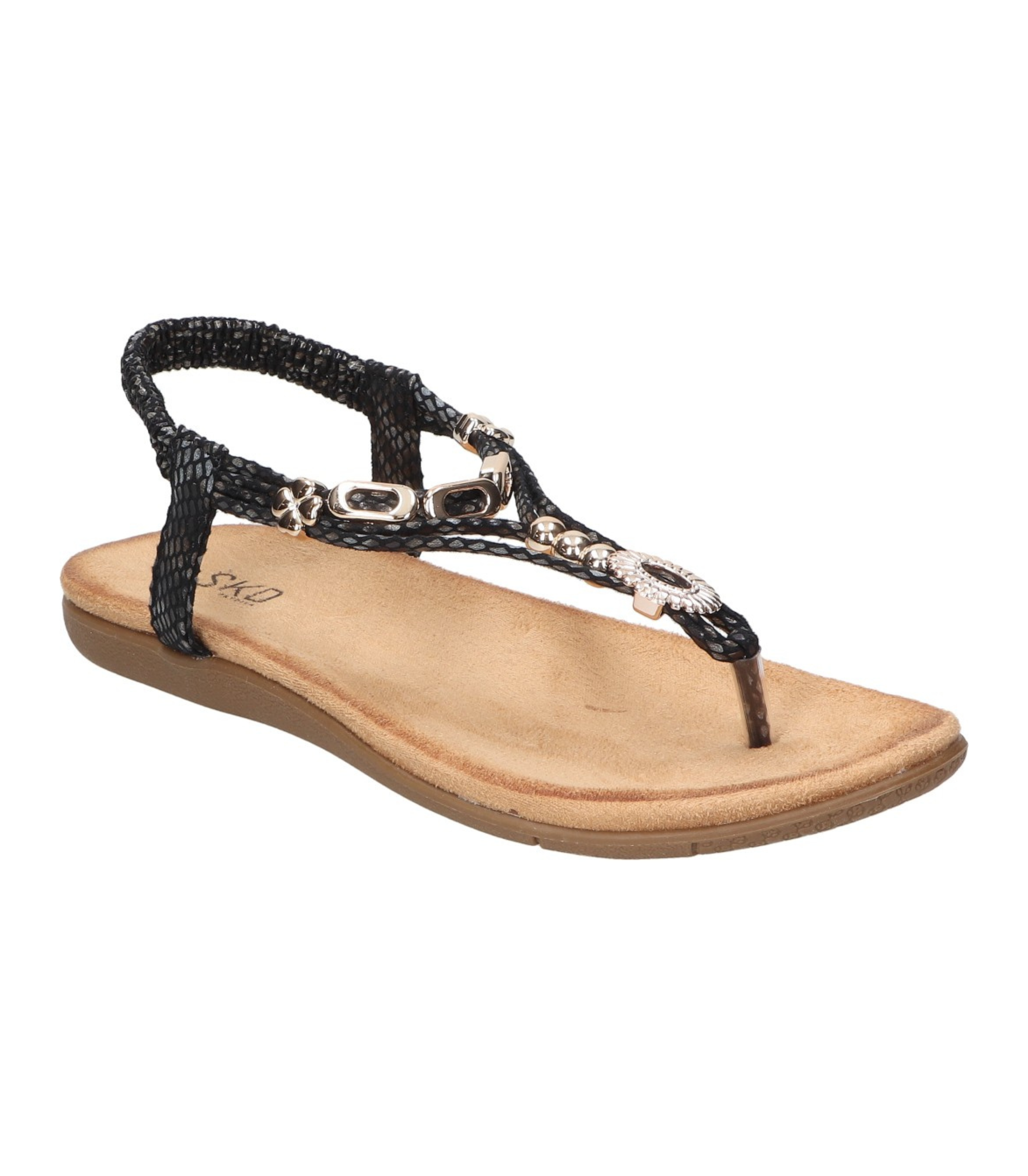 Sandalias de dedo planas para mujer SKYDIVA KELOKÉ en color negro, vista diagonal frontal