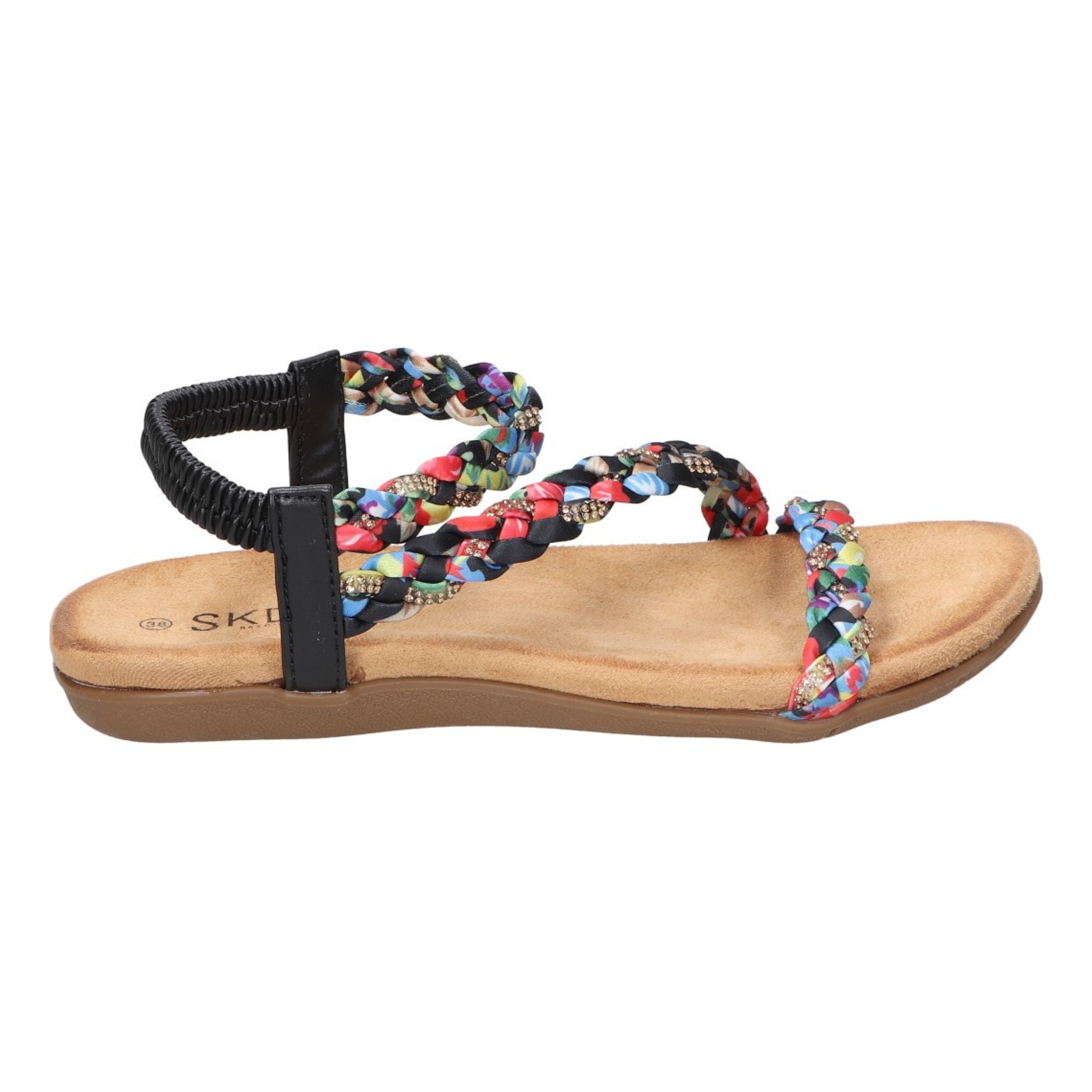 Sandalias planas para mujer SKYDIVA SOBRAO en color negro y multicolor, vista lateral derecha