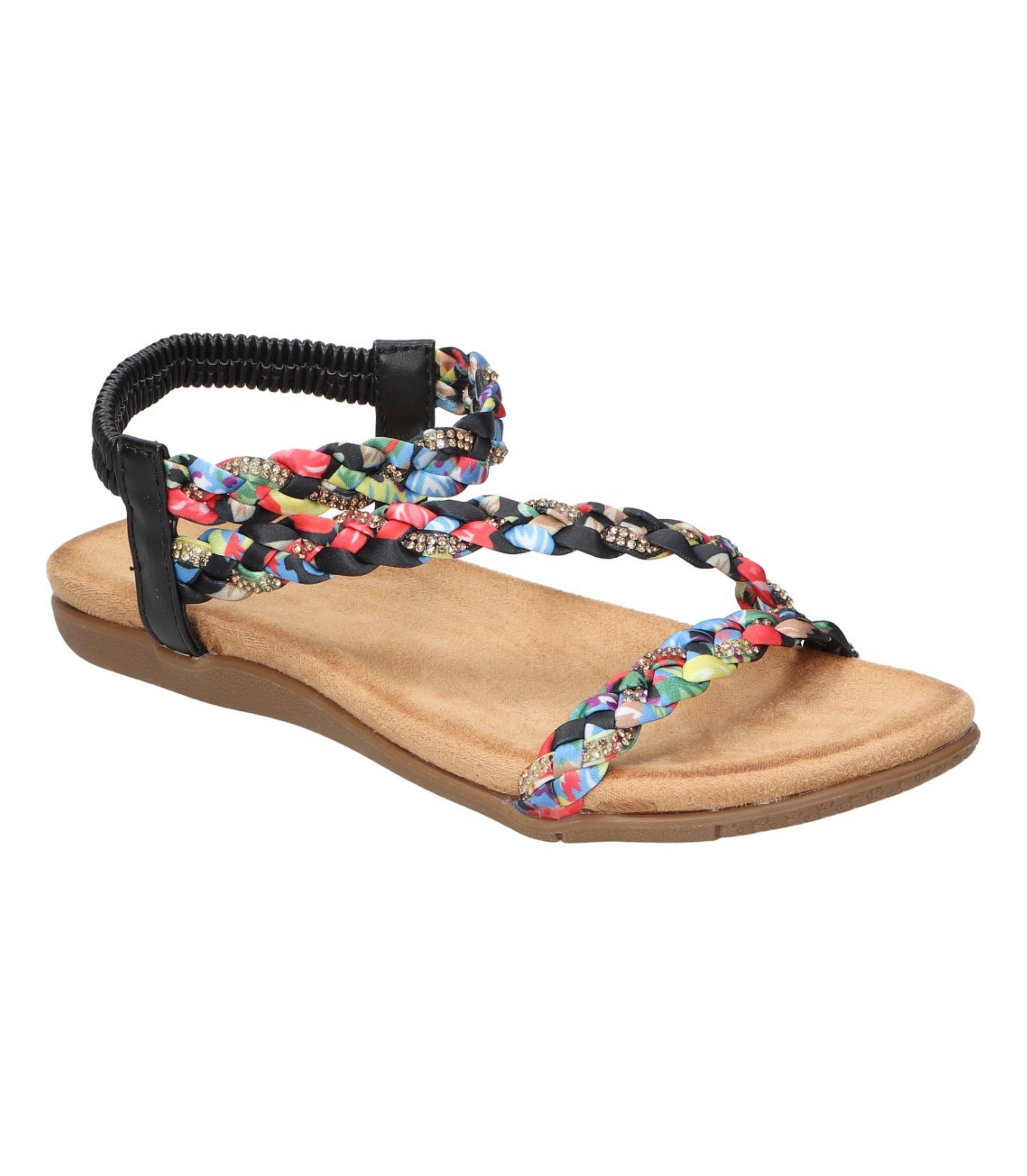Sandalias planas para mujer SKYDIVA SOBRAO en color negro y multicolor, vista diagonal frontal