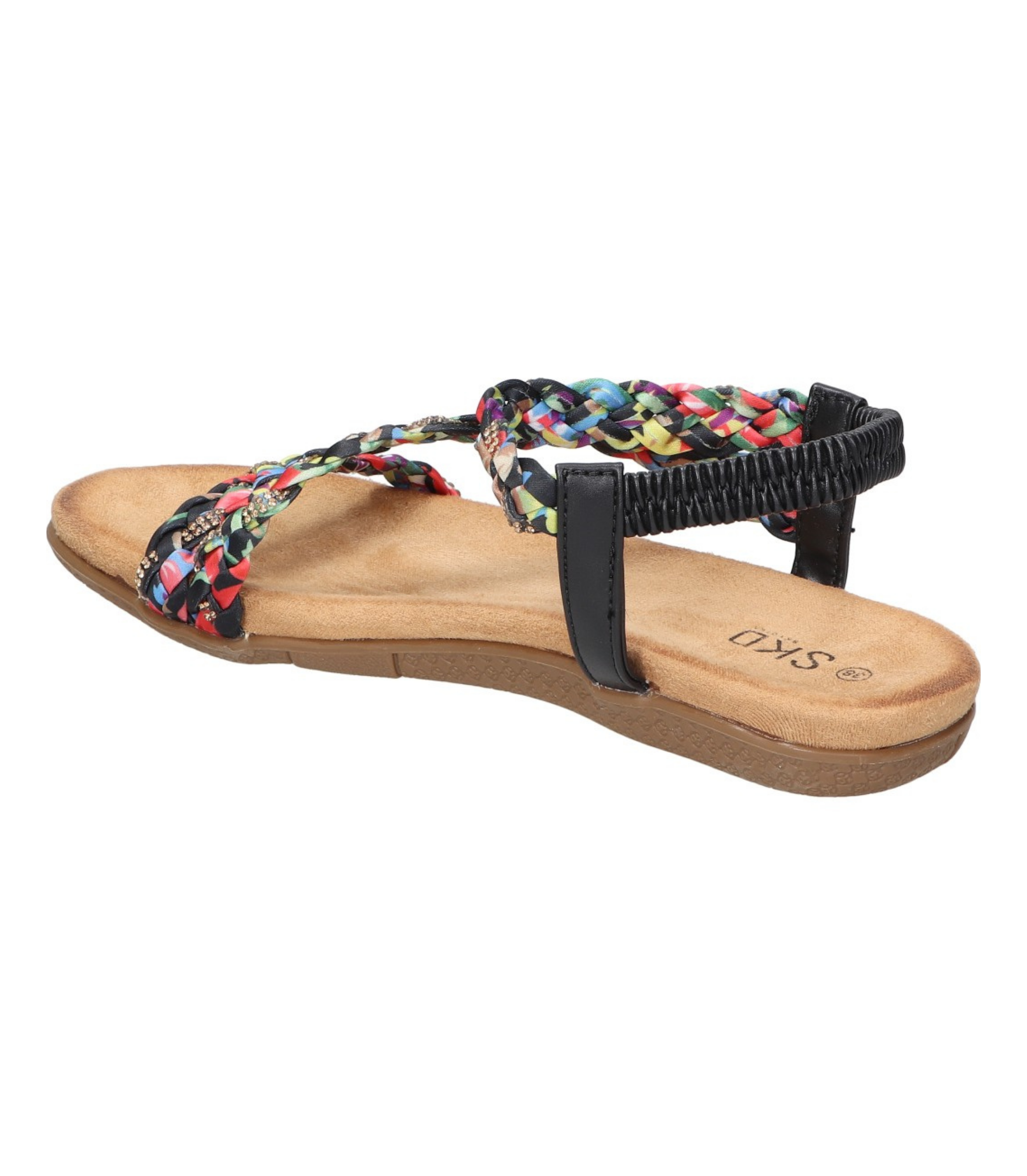 Sandalias planas para mujer SKYDIVA SOBRAO en color negro y multicolor, vista diagonal talón