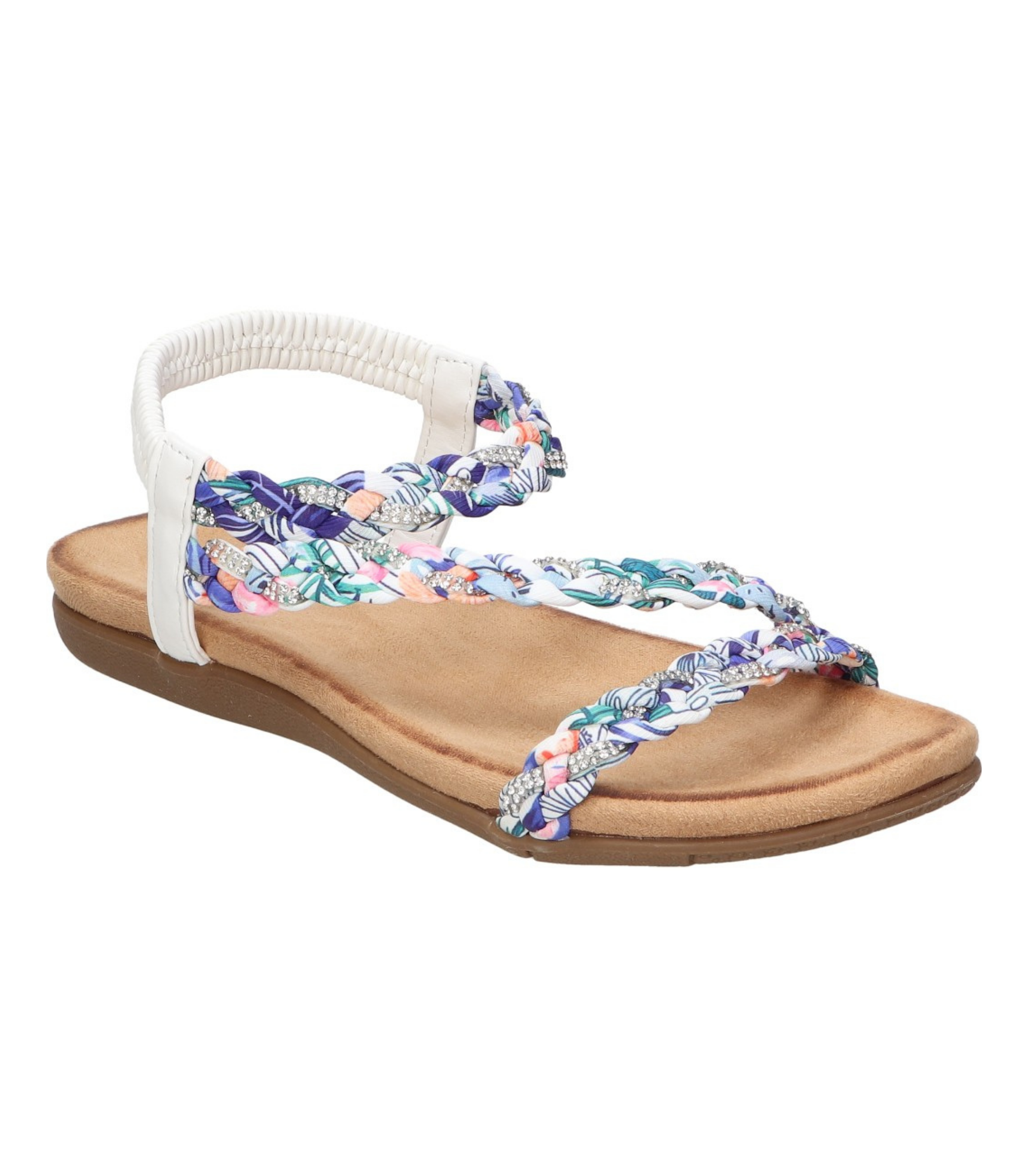 Sandalias planas para mujer SKYDIVA SOBRAO en color blanco y multicolor, vista diagonal talón