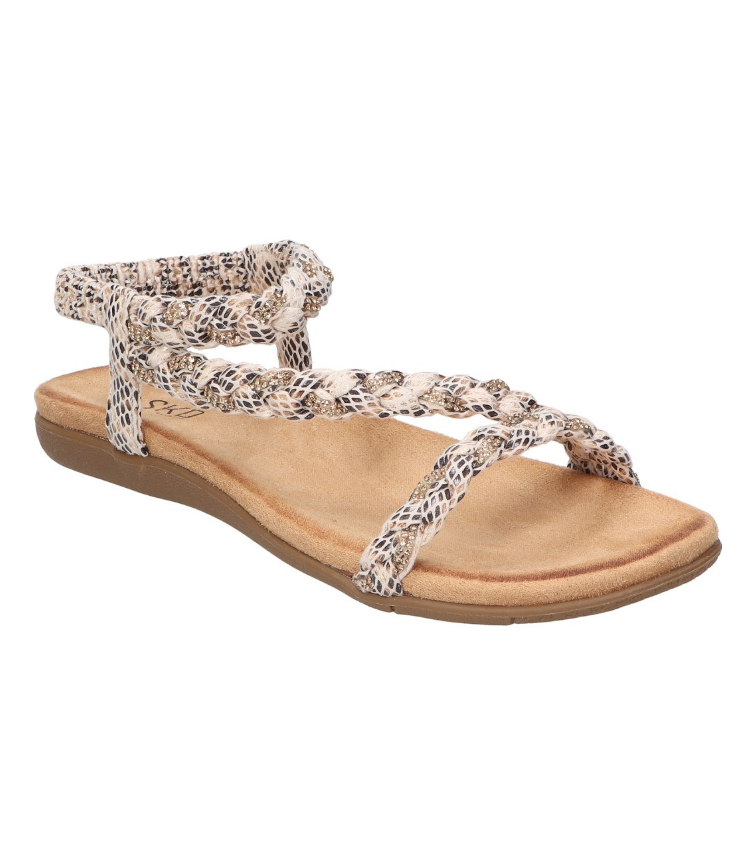 Sandalias planas para mujer SKYDIVA SOBRAO con estampado de serpiente, vista lateral frontal