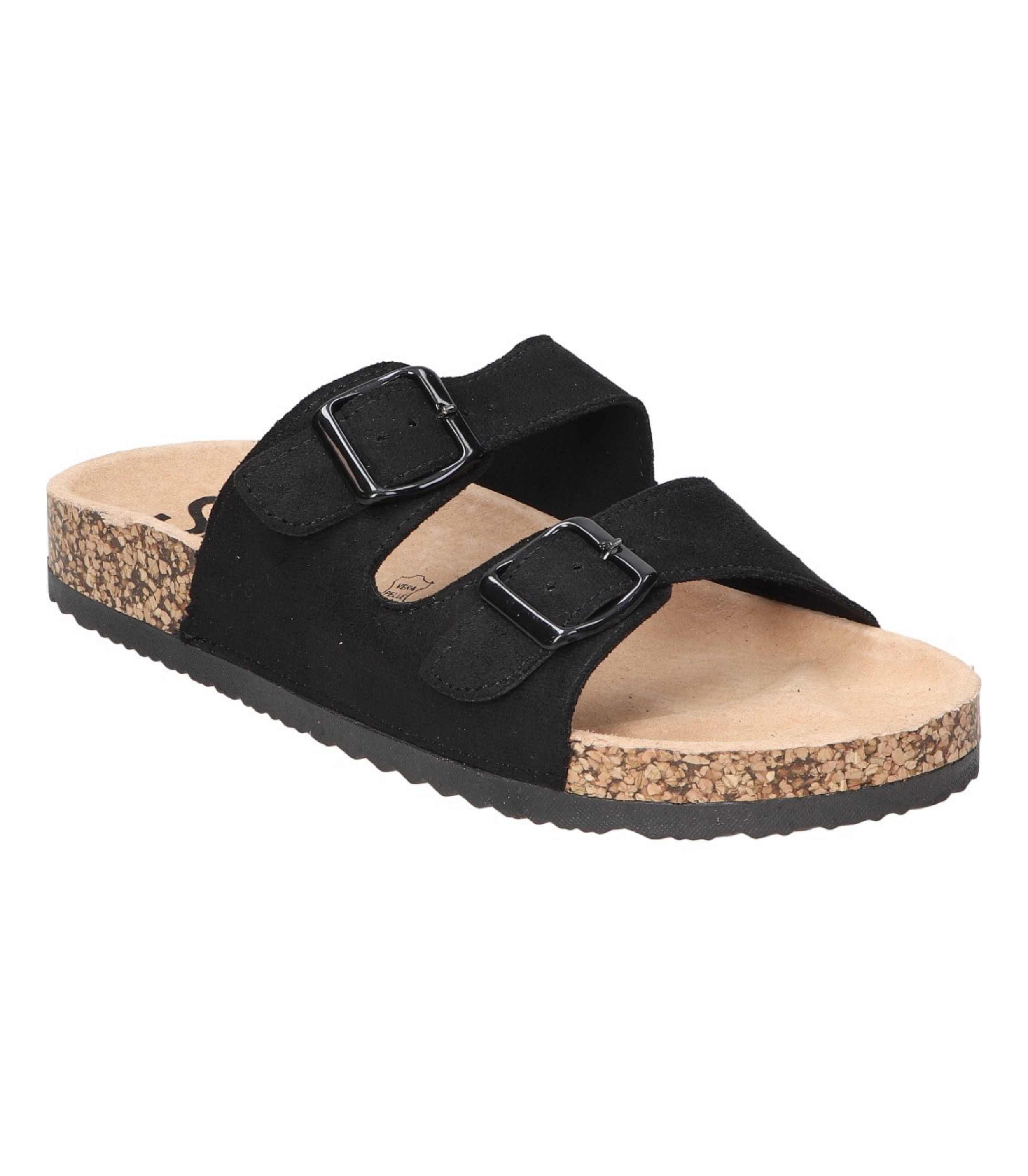 Sandalias planas destalonadas para mujer SKYDIVA RT en color negro, vista diagonal frontal