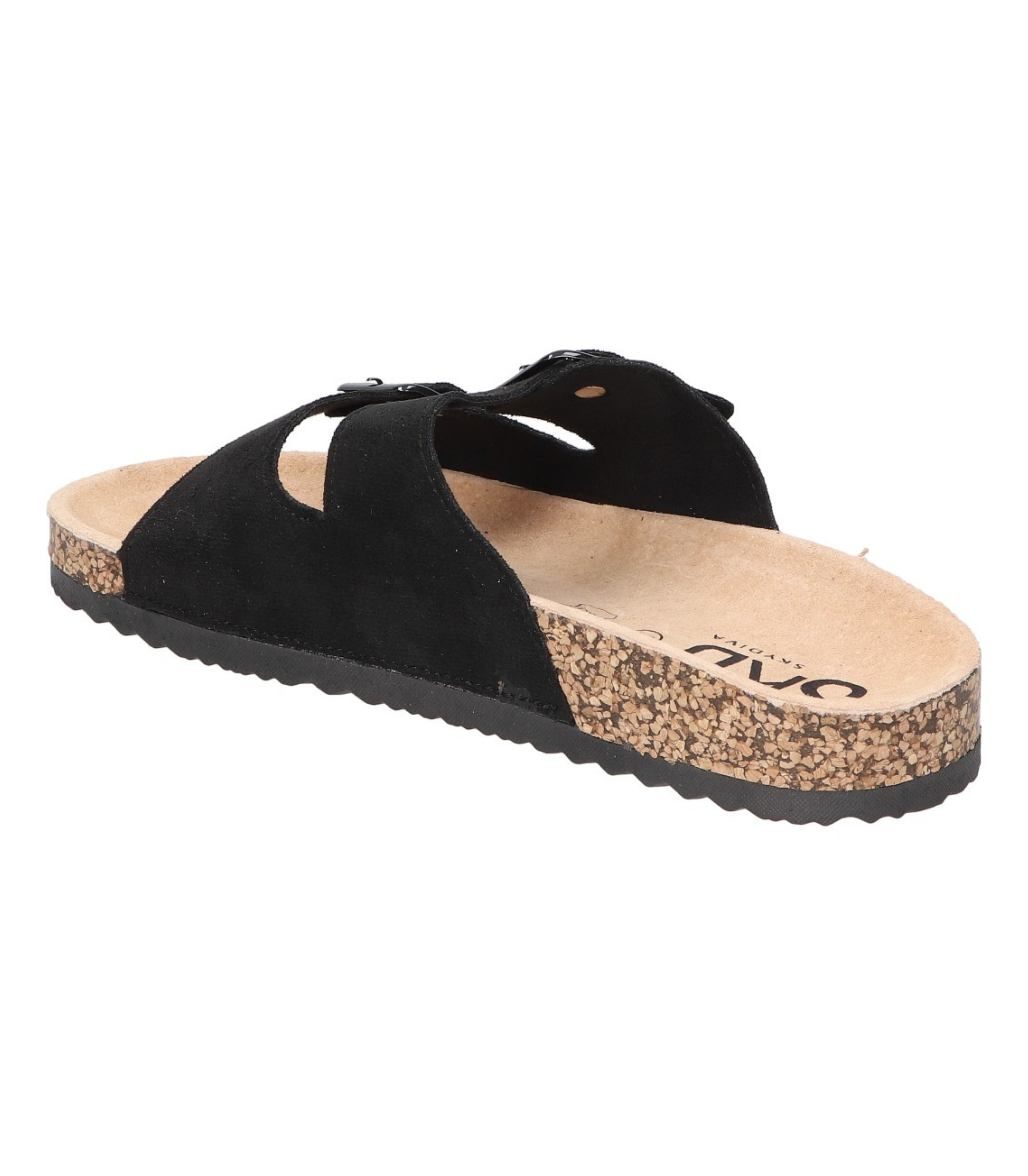 Sandalias planas destalonadas para mujer SKYDIVA RT en color negro, vista diagonal talón