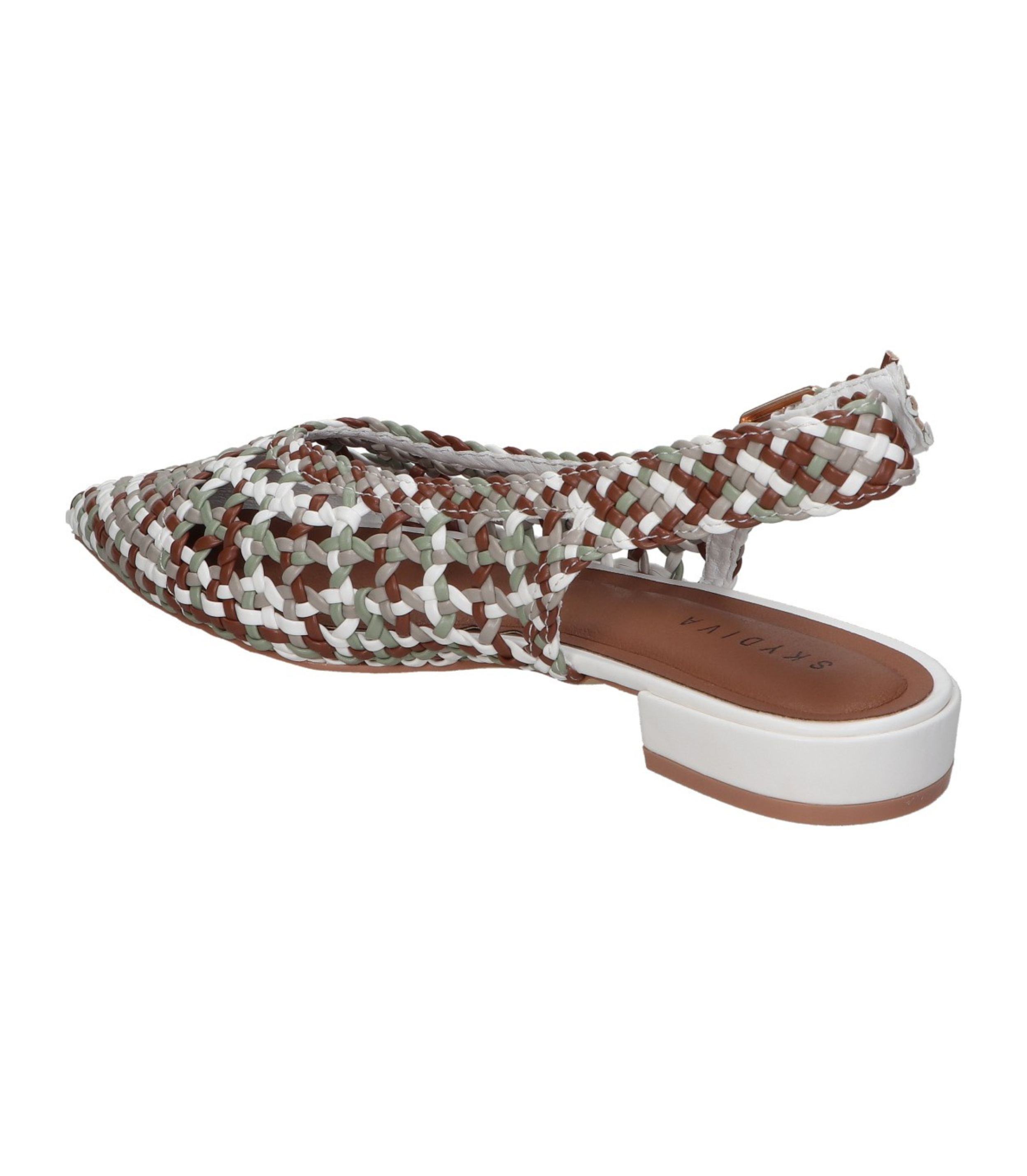 Zapatos planos para mujer SKYDIVA BEEF en color verde y multicolor, vista diagonal talón