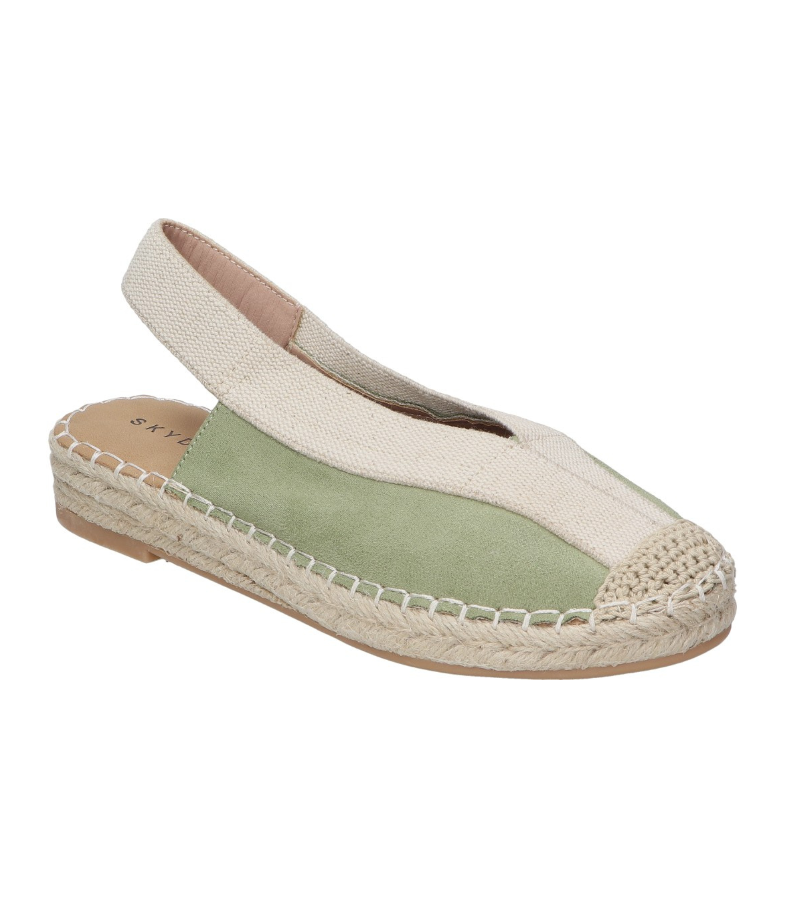 Alpargatas planas para mujer SKYDIVA LIT en color verde khaki, vista frontal diagonal