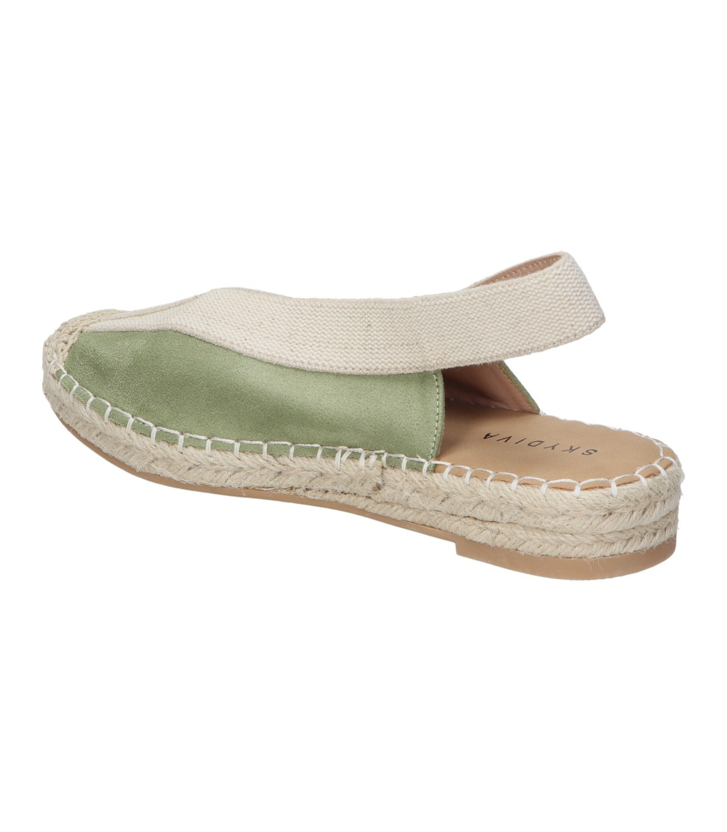 Alpargatas planas para mujer SKYDIVA LIT en color verde khaki, vista diagonal talón
