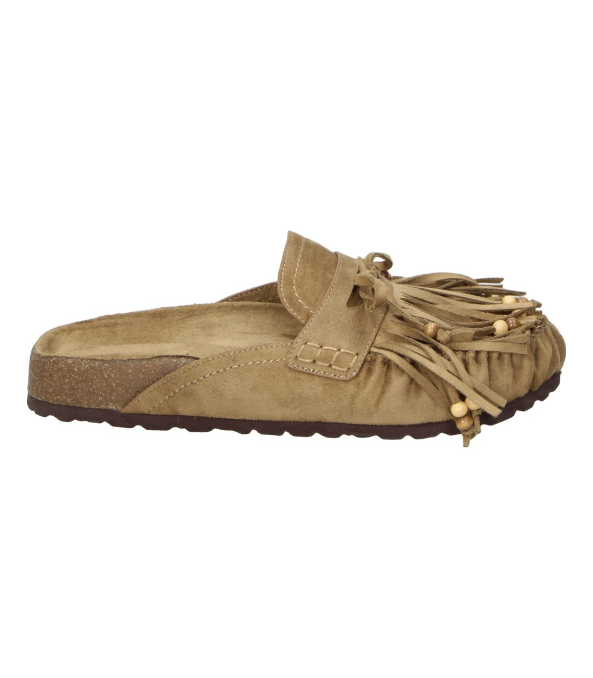 Zuecos planos SKYDIVA HIPPIE en camel con flecos para mujer