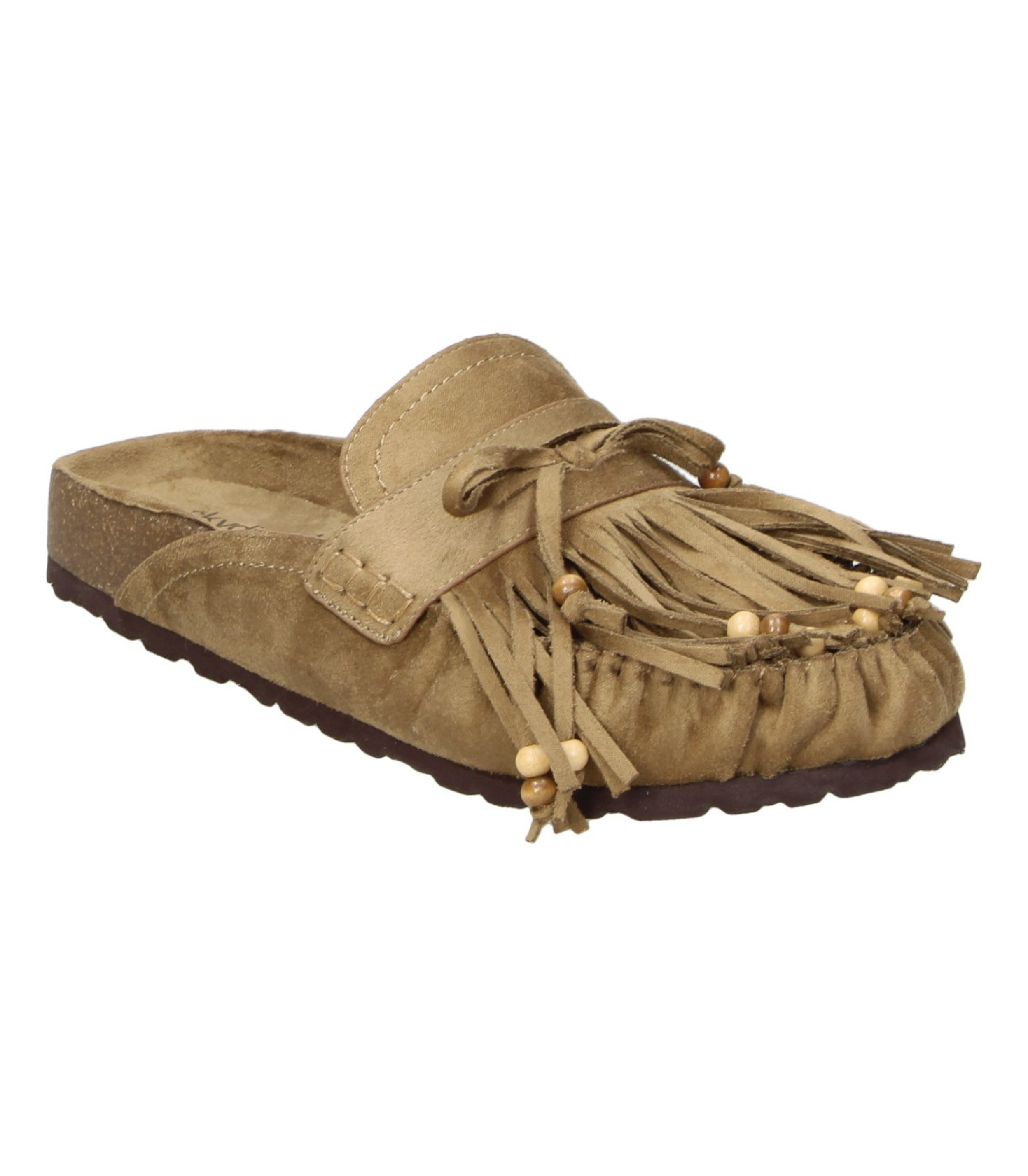 Zuecos planos SKYDIVA HIPPIE en camel con flecos para mujer