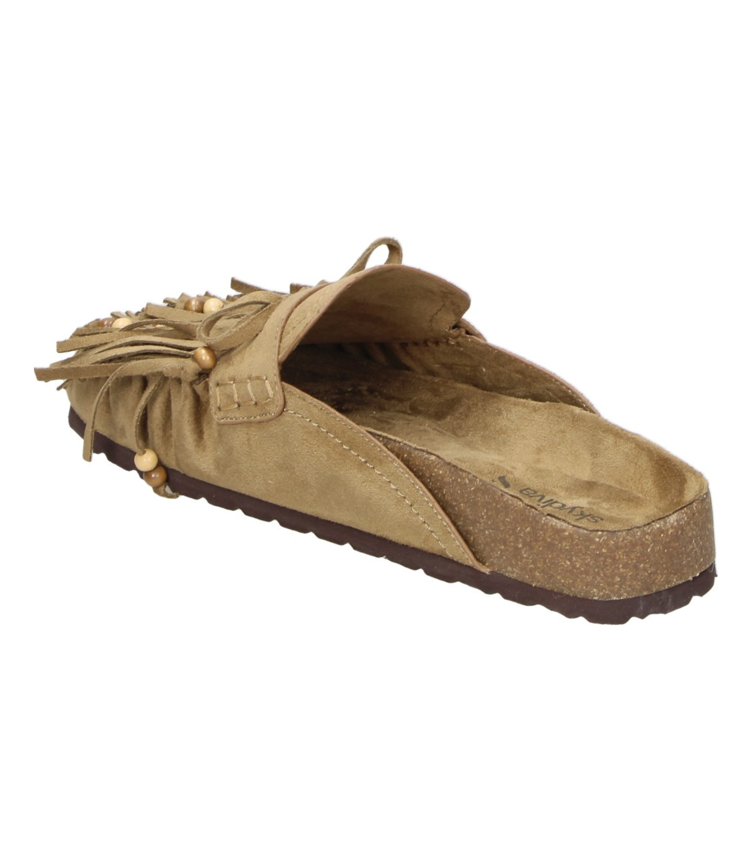 Zuecos planos SKYDIVA HIPPIE en camel con flecos para mujer