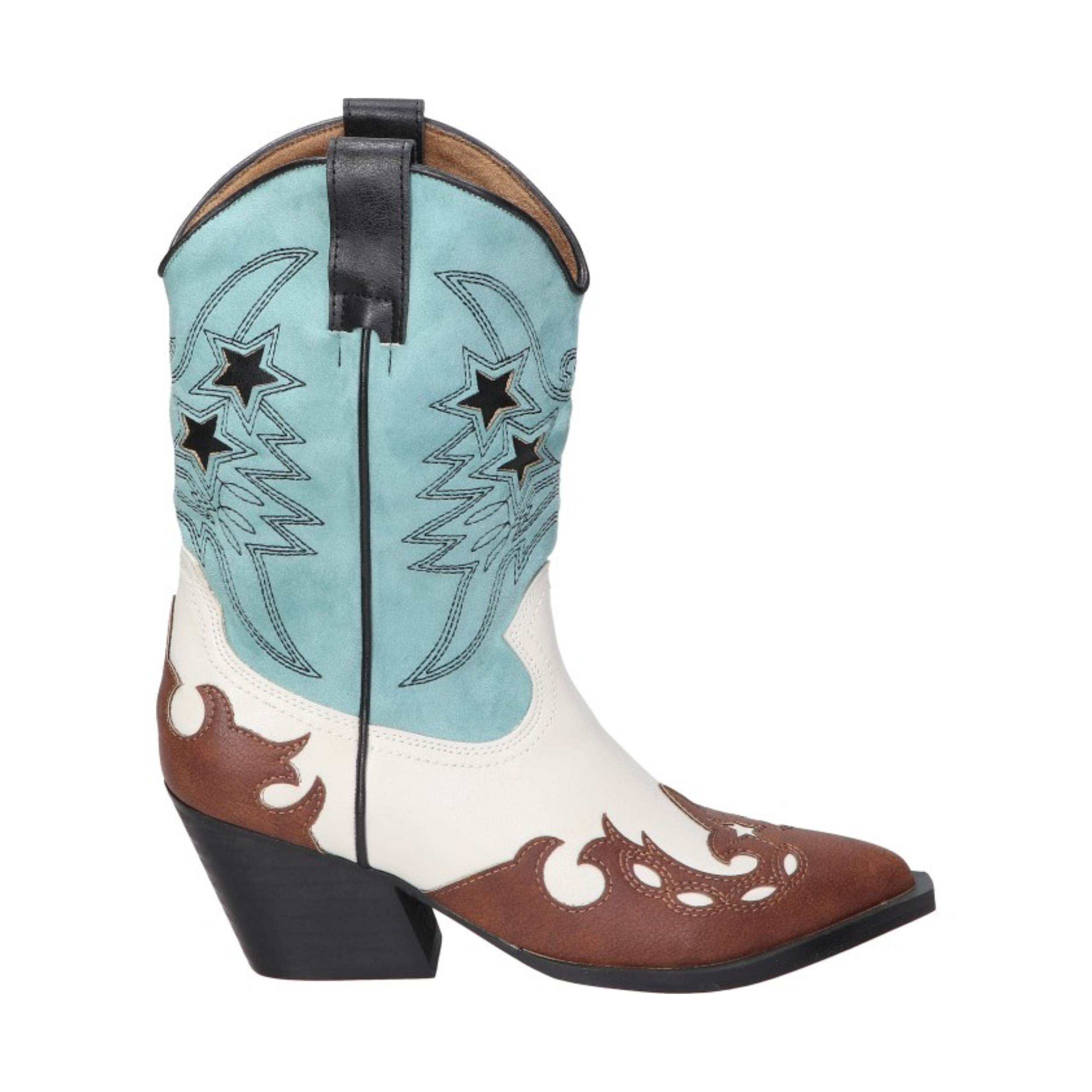Botas cowboy para mujer SKYDIVA POTAXIE en color azul celeste, blanco y marrón, vista lateral derecha