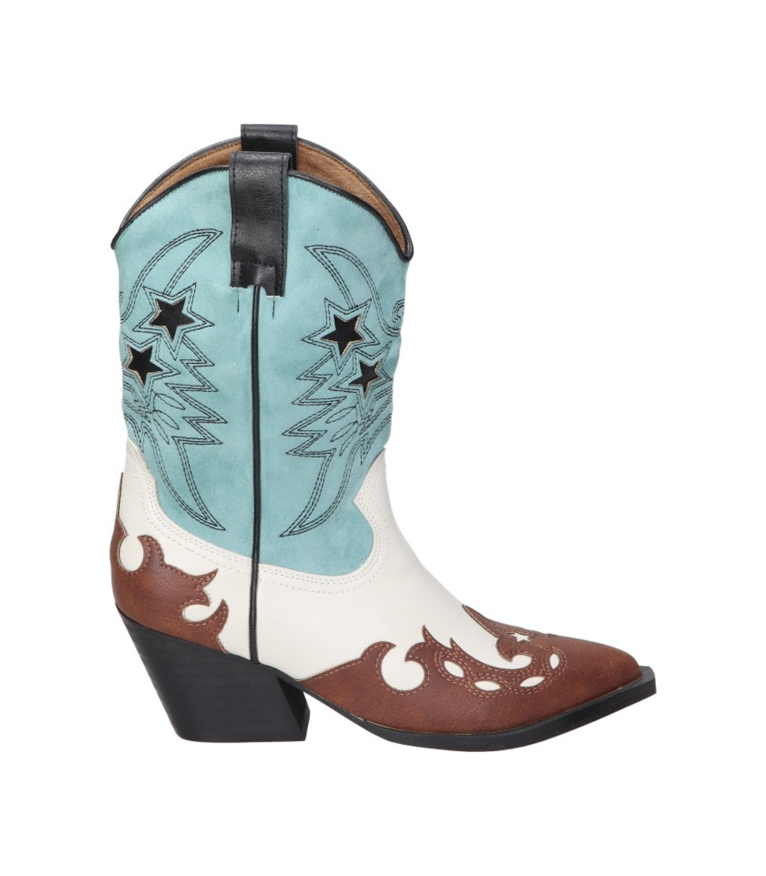 Botas cowboy para mujer SKYDIVA POTAXIE en color azul celeste, blanco y marrón, vista lateral derecha