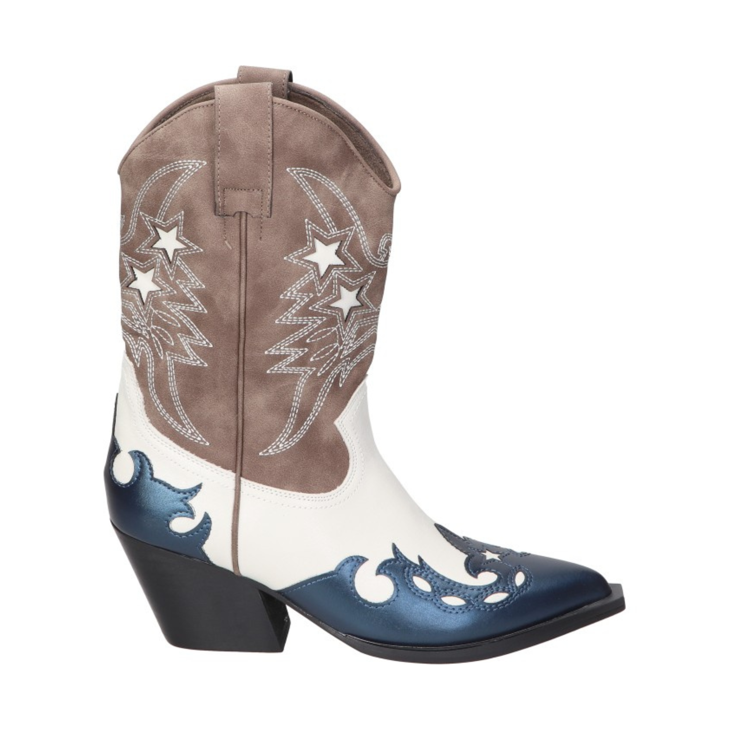 Botas cowboy para mujer SKYDIVA POTAXIE en color azul marino, blanco y marrón, vista lateral derecha