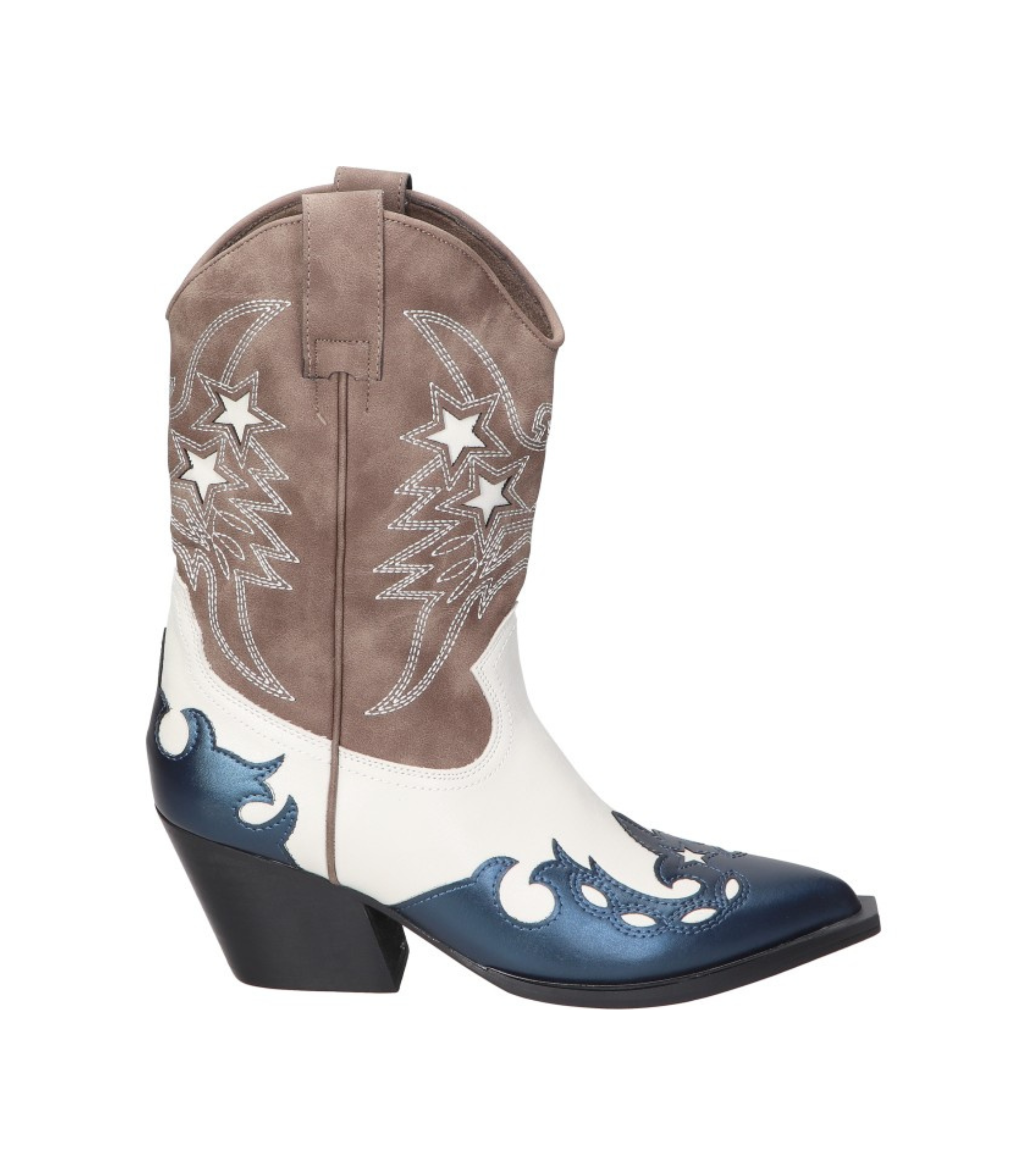 Botas cowboy para mujer SKYDIVA POTAXIE en color azul marino, blanco y marrón, vista lateral derecha