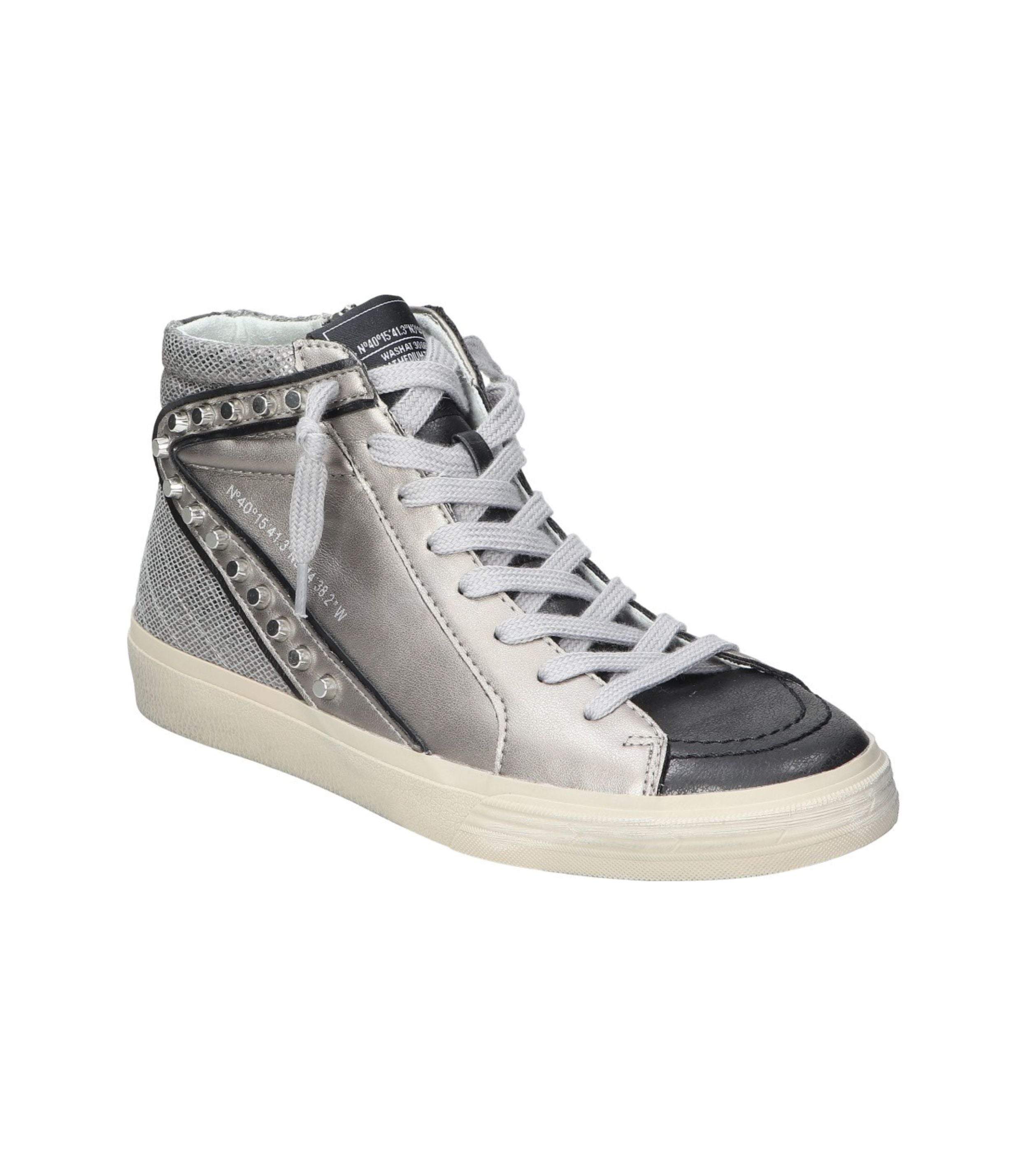 Botines deportivos para mujer SKYDIVA YASS en color gris y plata, vista diagonal frontal