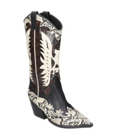 Botas cowboy para mujer SKYDIVA DELULU con estampado negro y beige, vista diagonal frontal