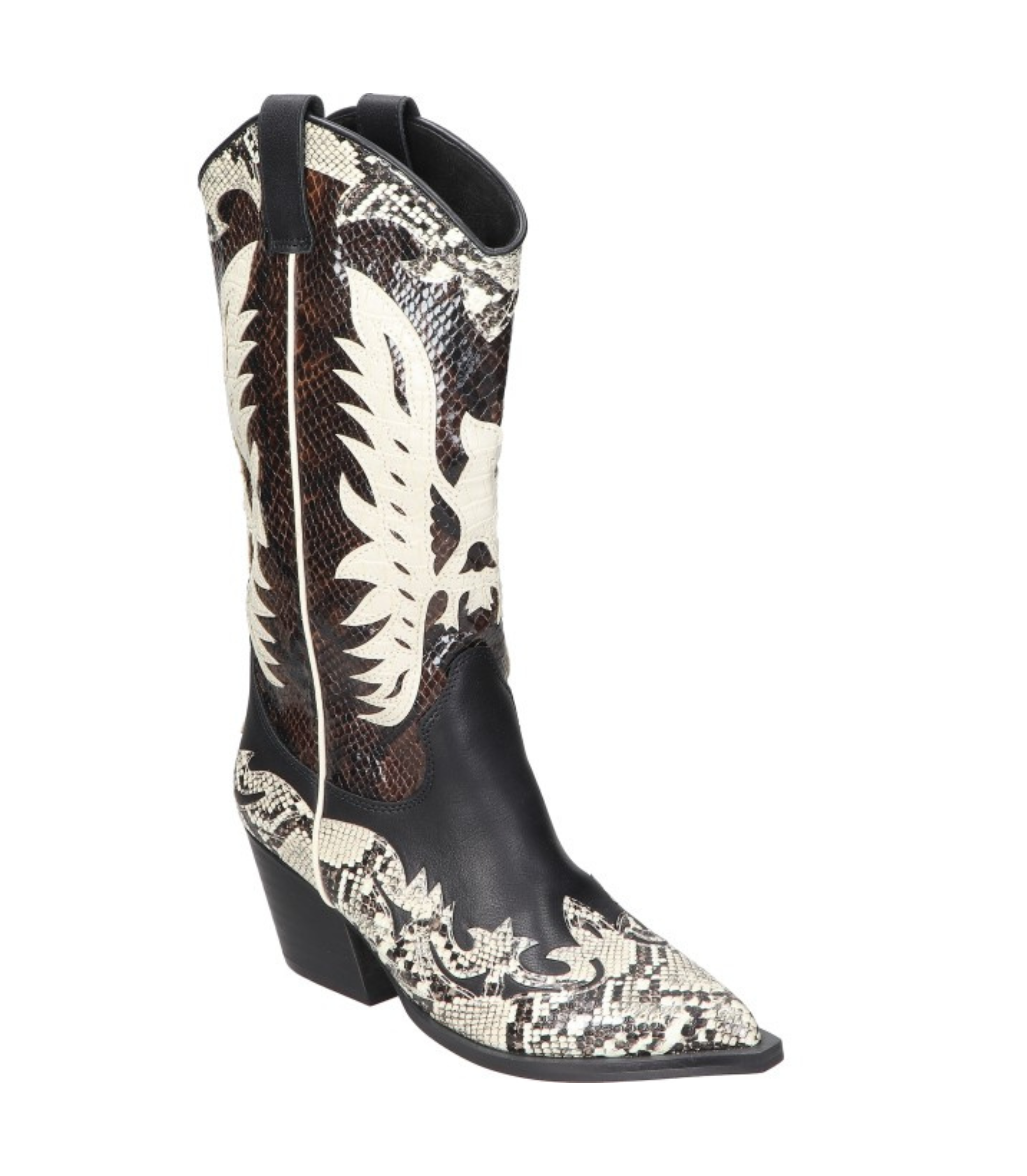Botas cowboy para mujer SKYDIVA DELULU con estampado negro y beige, vista diagonal frontal