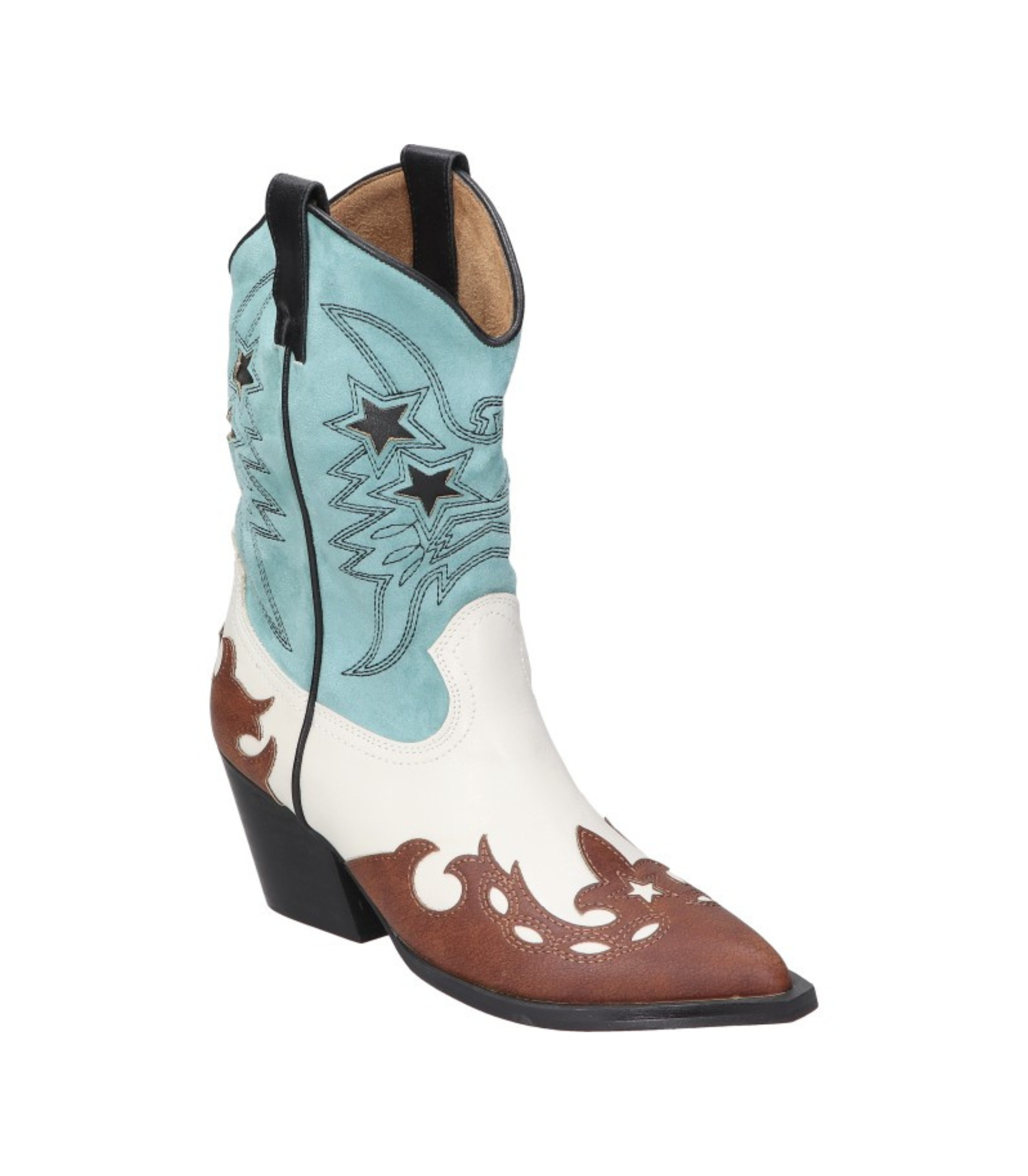 Botas cowboy para mujer SKYDIVA POTAXIE en color azul celeste, blanco y marrón, vista diagonal frontal