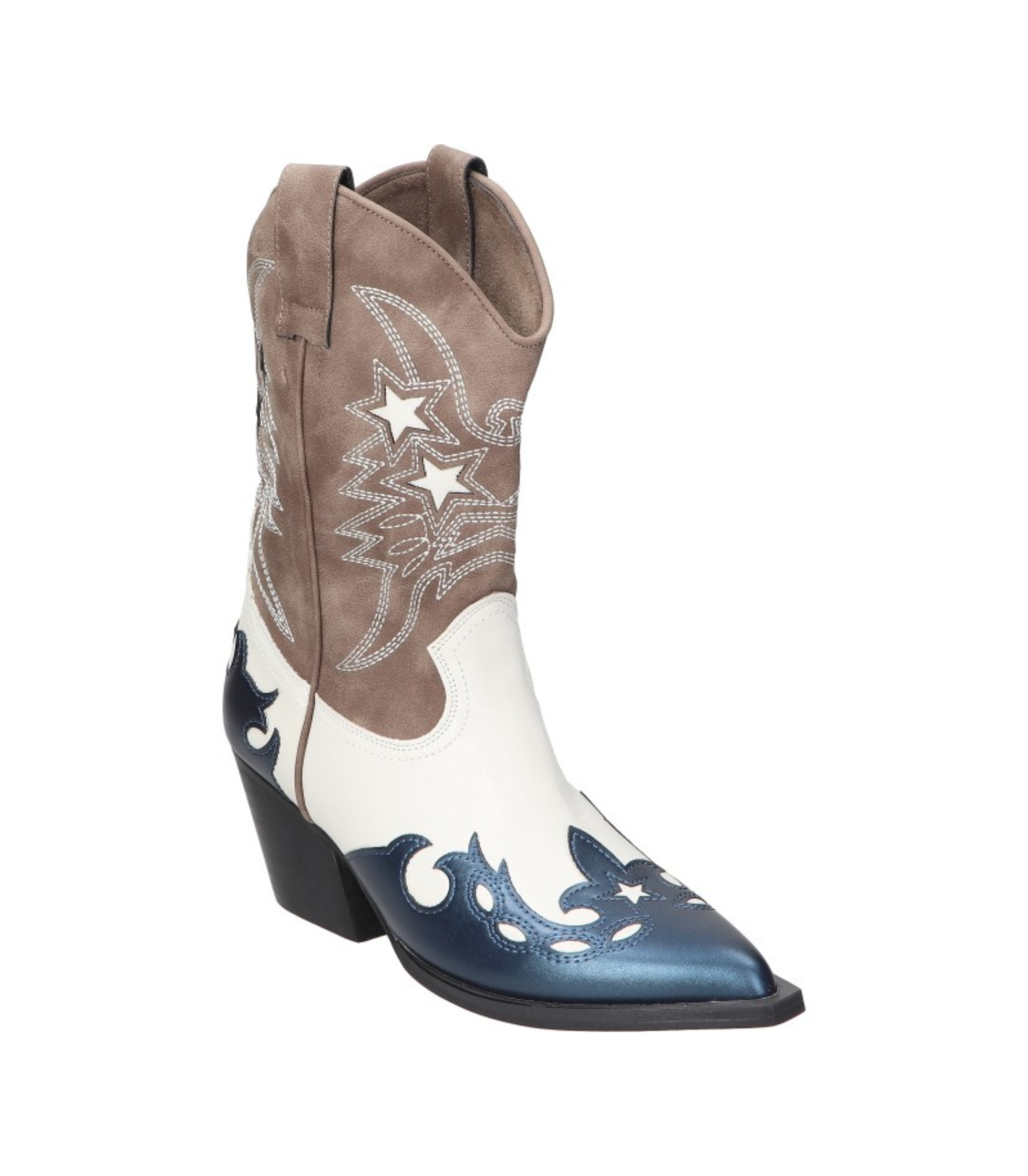 Botas cowboy para mujer SKYDIVA POTAXIE en color azul marino, blanco y marrón, vista diagonal frontal