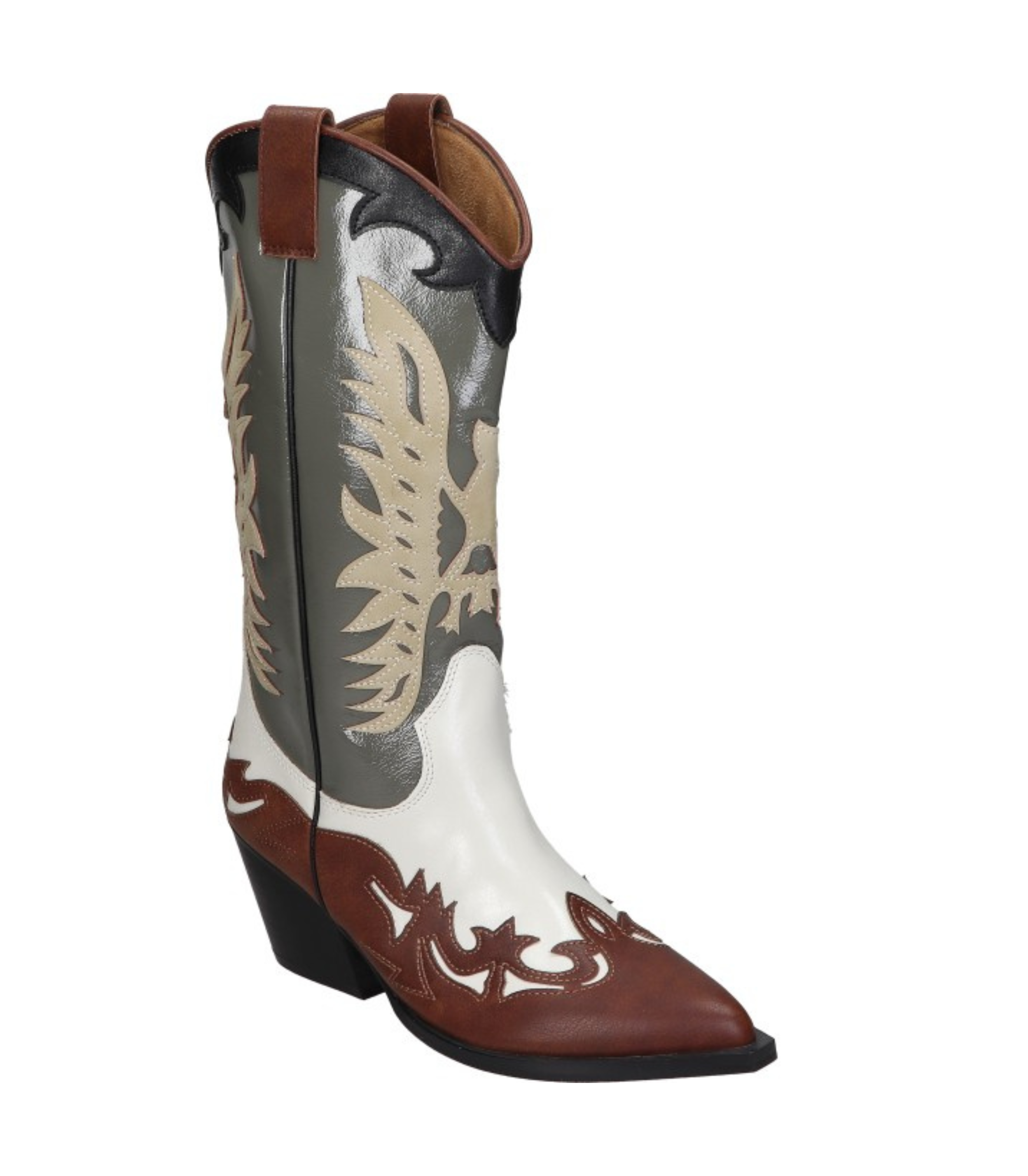 Botas cowboy para mujer SKYDIVA DELULU con estampado marrón y verde, vista diagonal frontal