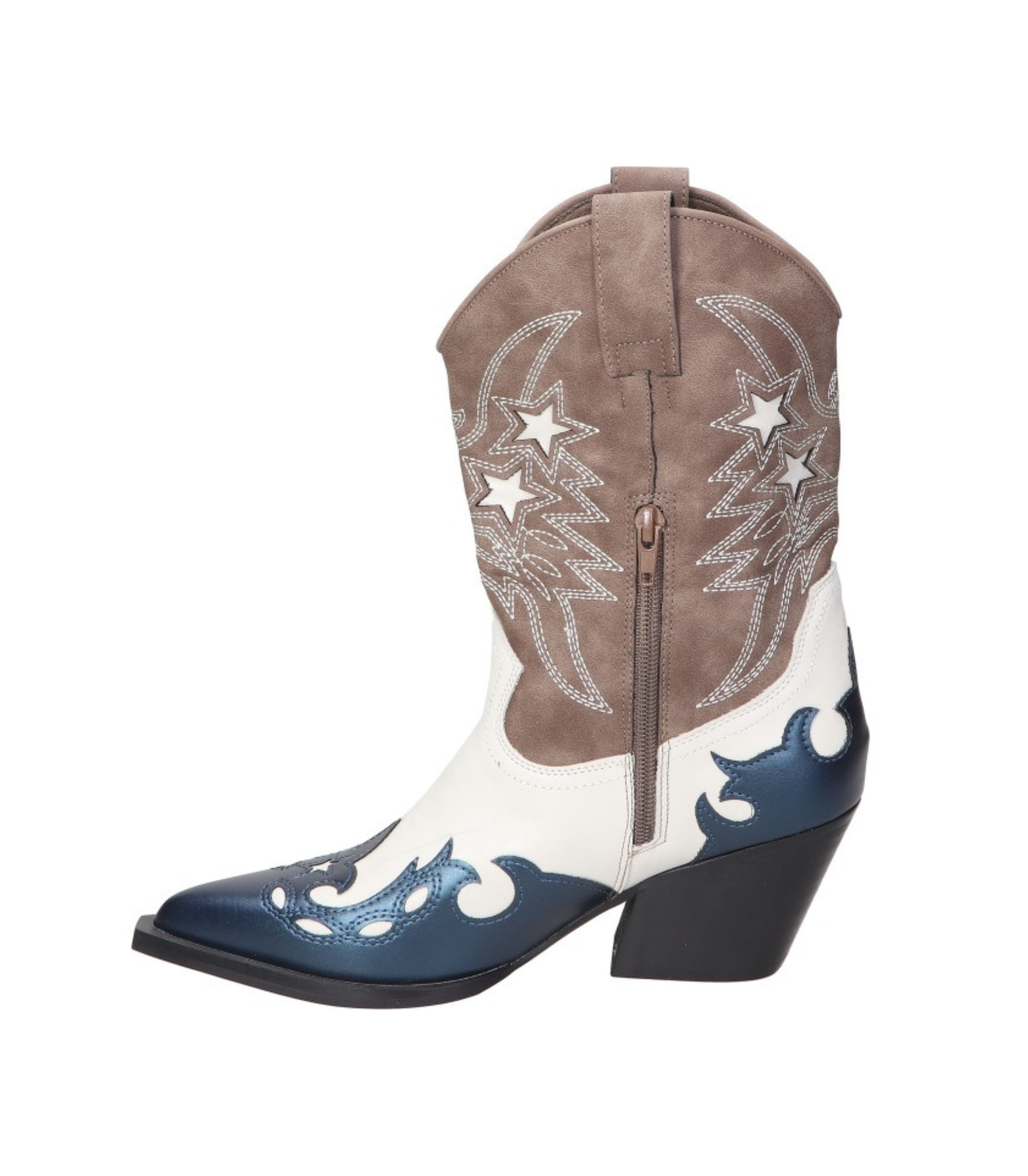 Botas cowboy para mujer SKYDIVA POTAXIE en color azul marino, blanco y marrón, vista lateral izquierda