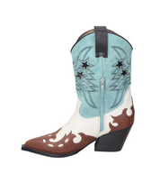 Botas cowboy para mujer SKYDIVA POTAXIE en color azul celeste, blanco y marrón, vista lateral izquierda