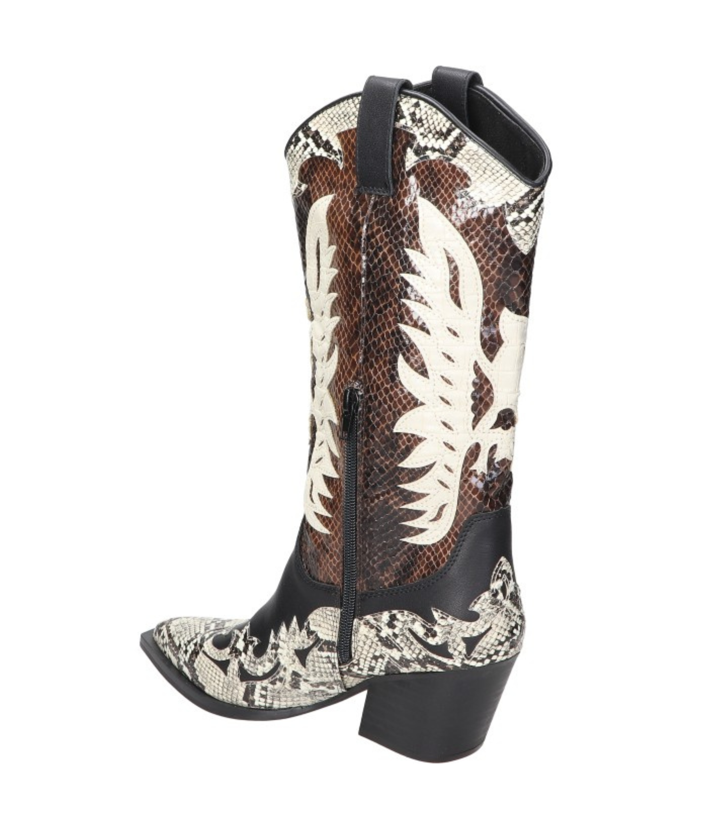 Botas cowboy para mujer SKYDIVA DELULU con estampado negro y beige, vista diagonal talón