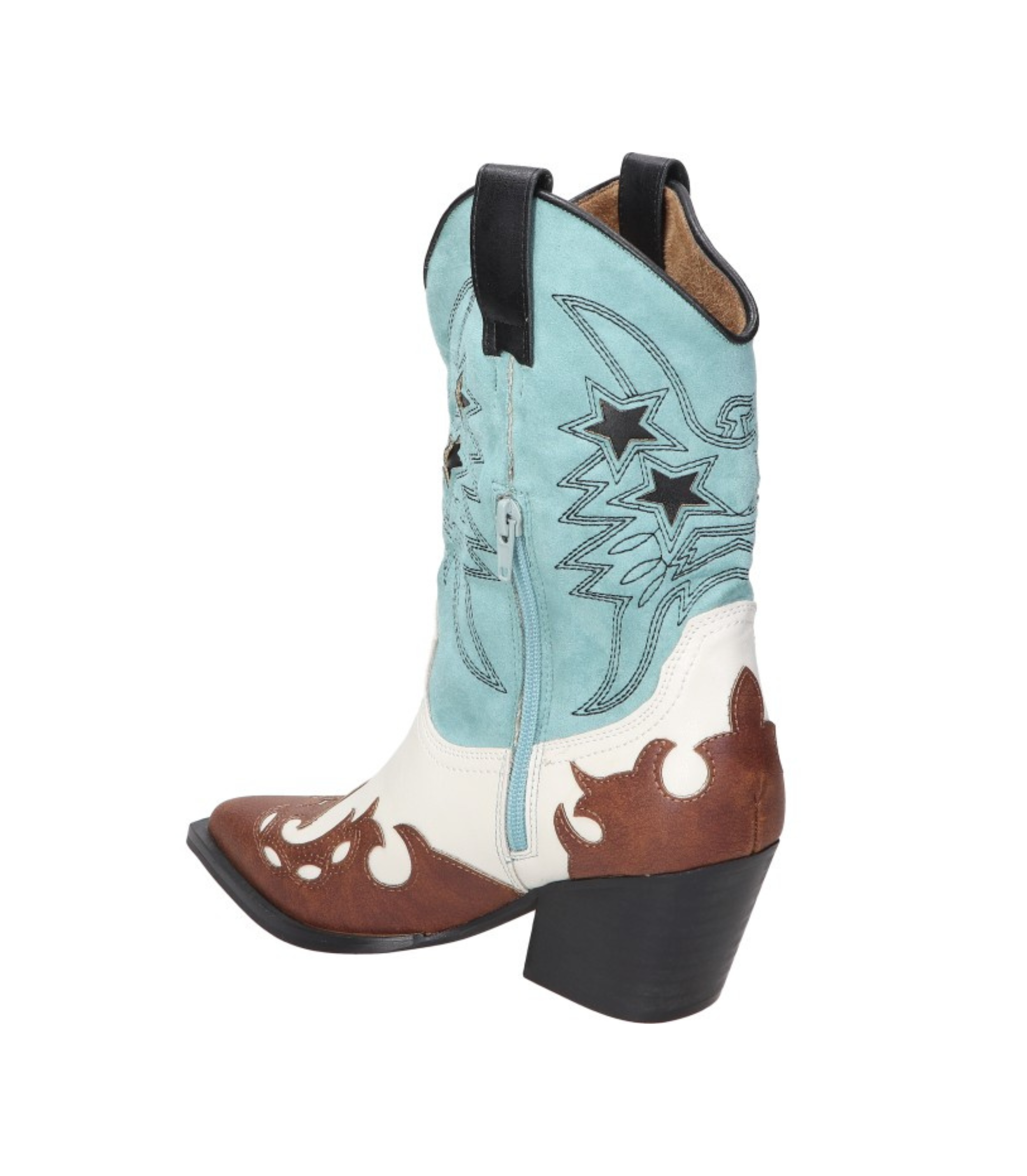 Botas cowboy para mujer SKYDIVA POTAXIE en color azul celeste, blanco y marrón, vista diagonal talón