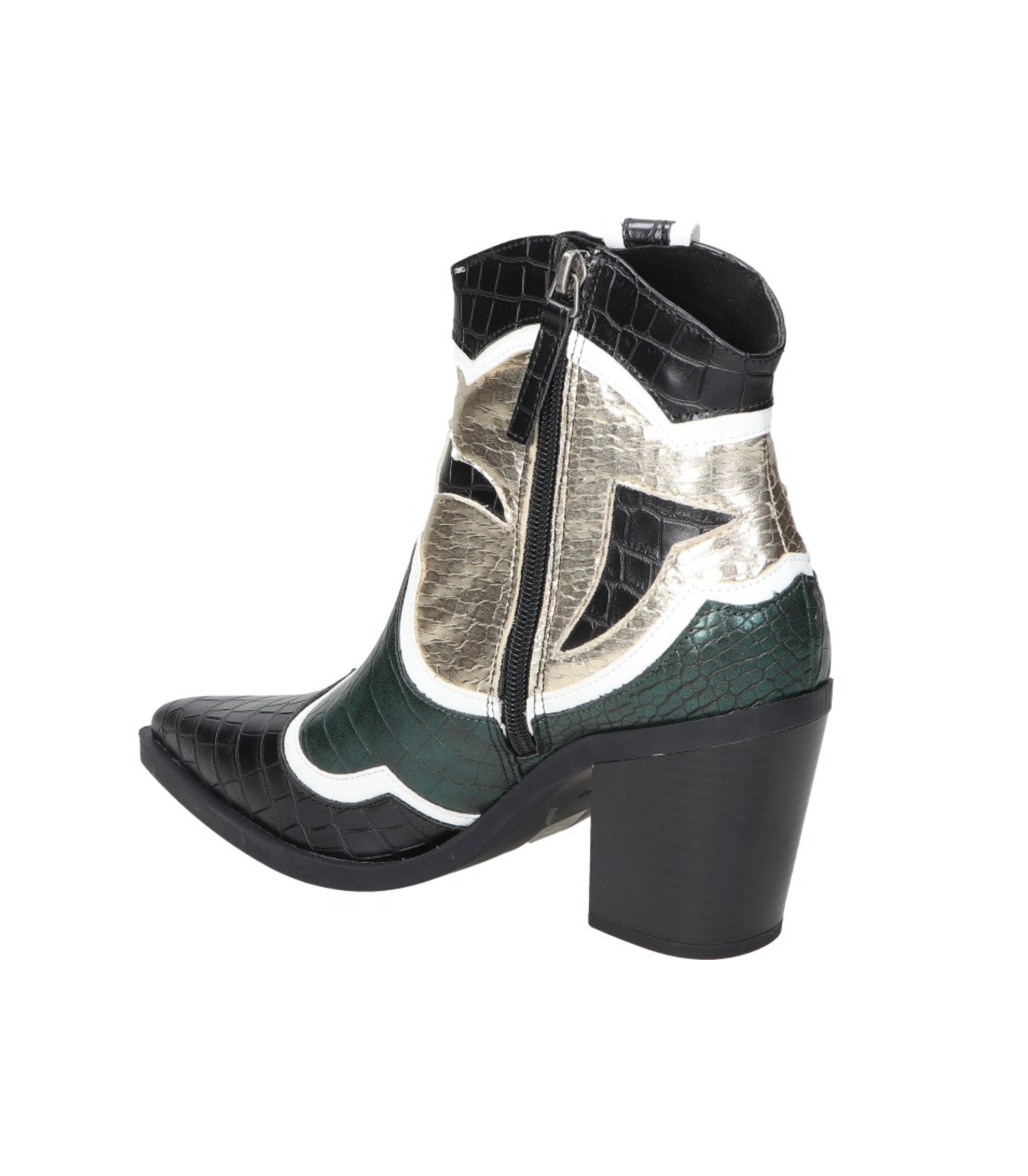 Botines cowboy para mujer SKYDIVA FOMO en color negro y verde, vista diagonal talón