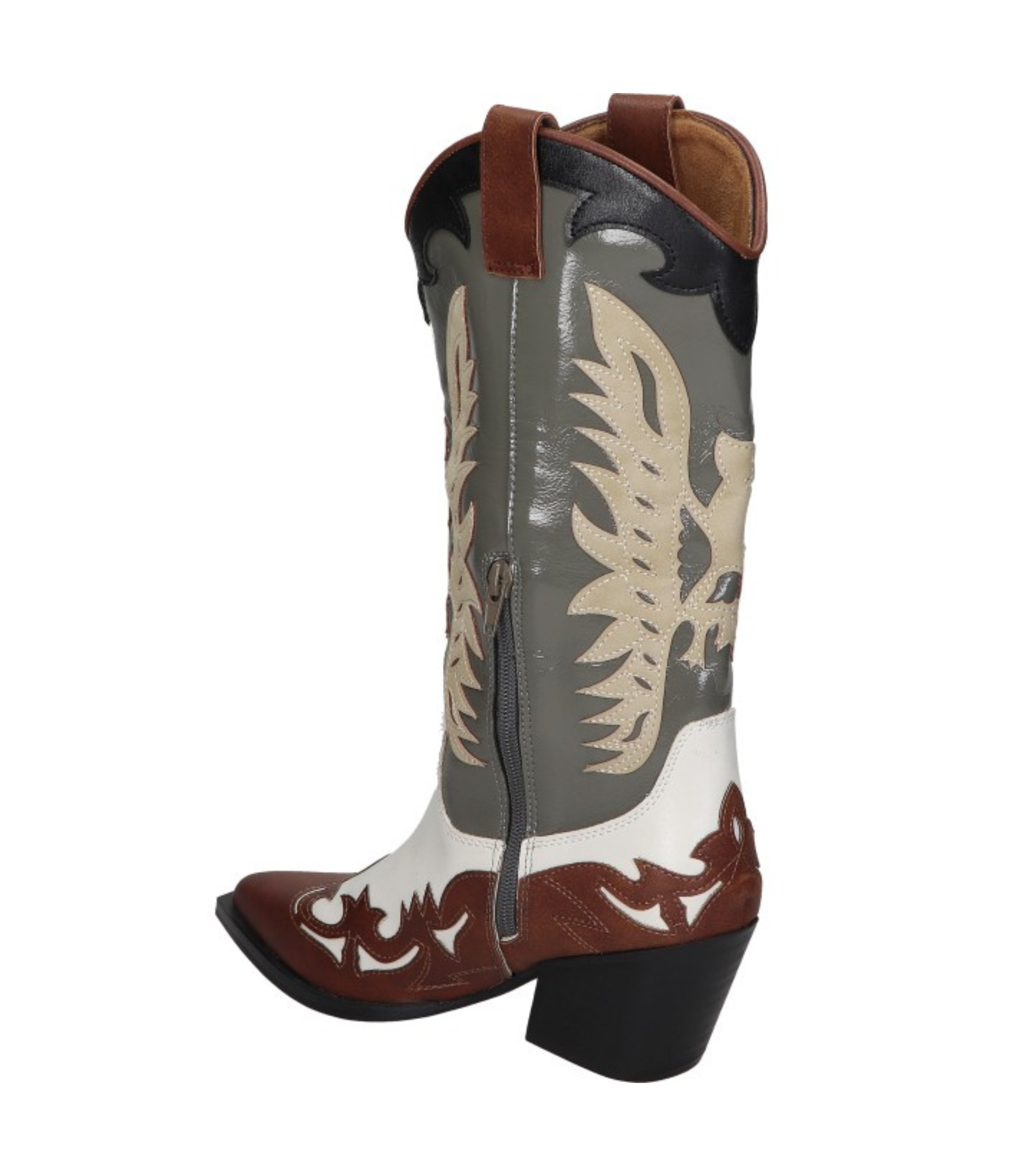 Botas cowboy para mujer SKYDIVA DELULU con estampado marrón y verde, vista diagonal talón